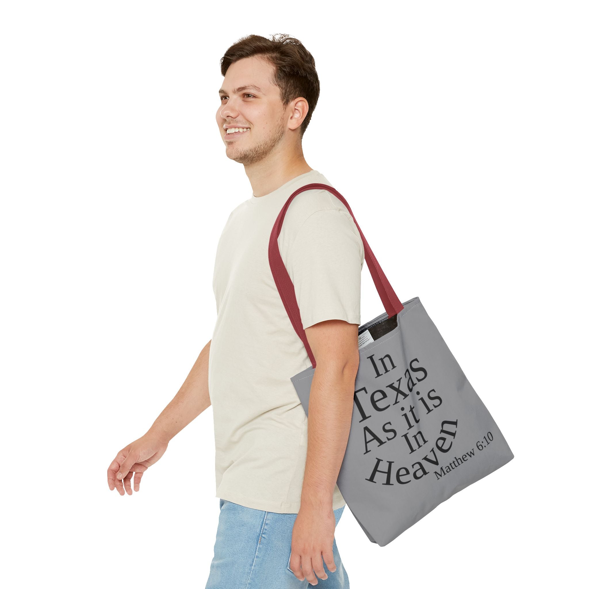 Personalized Grey Matthew 6:10 Bible Verse Tote Bag, City Or State | Market Grocery Book Craft Festival Outing, Lightweight Sturdy Polyester