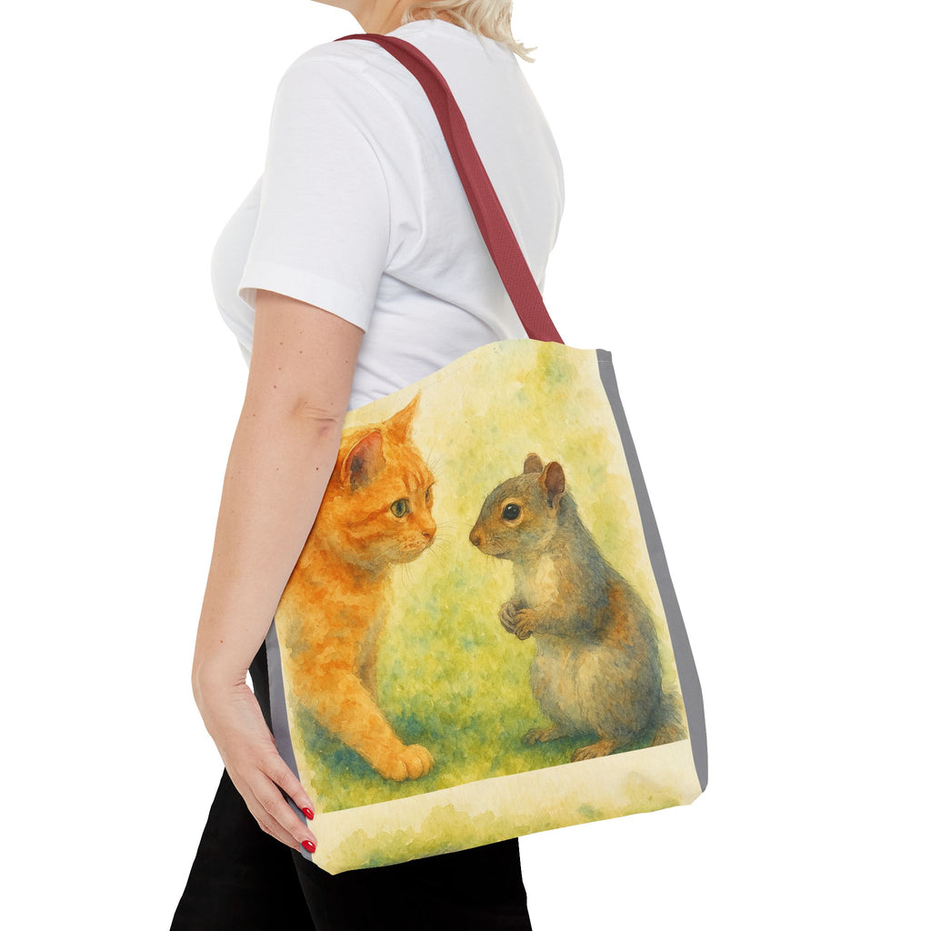 Tote Bag - Watercolor Cat and Squirrel, Cute Animal Print, Carry-All Shoulder Bag, Reusable Shopping Tote, Gift for Animal Lovers