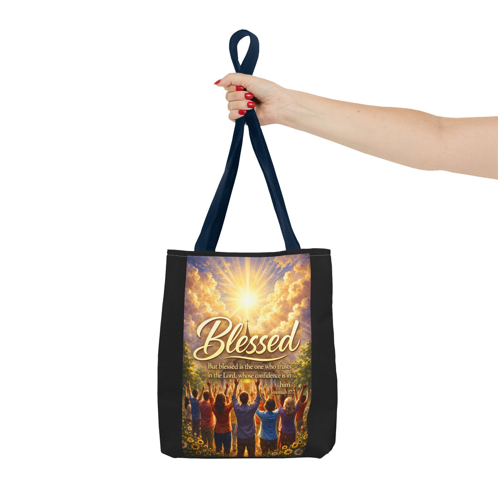 Blessed Script Tote Bag | Inspirational Religious Quote, All-Over Print
