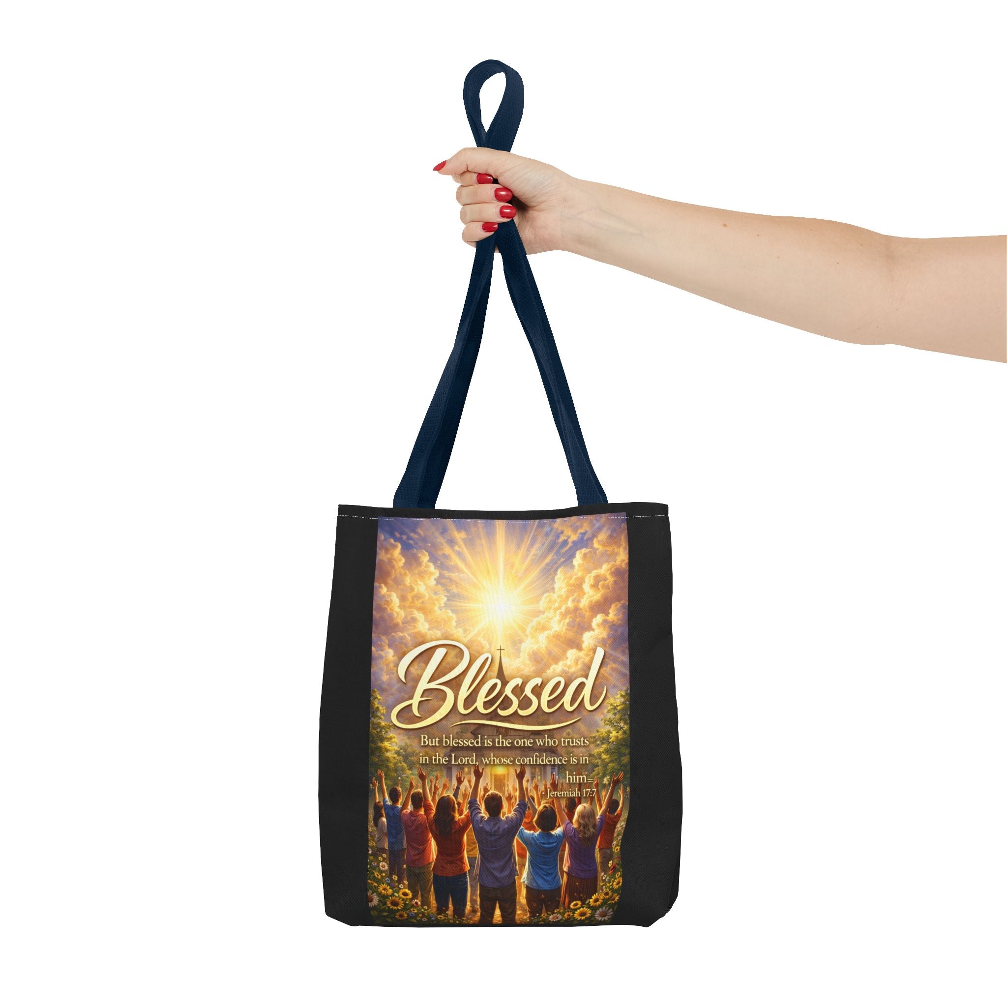 Blessed Script Tote Bag | Inspirational Religious Quote, All-Over Print