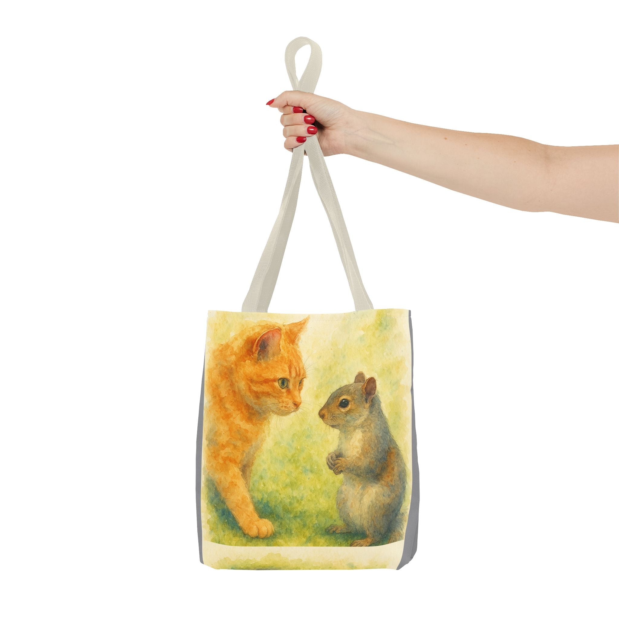 Tote Bag - Watercolor Cat and Squirrel, Cute Animal Print, Carry-All Shoulder Bag, Reusable Shopping Tote, Gift for Animal Lovers