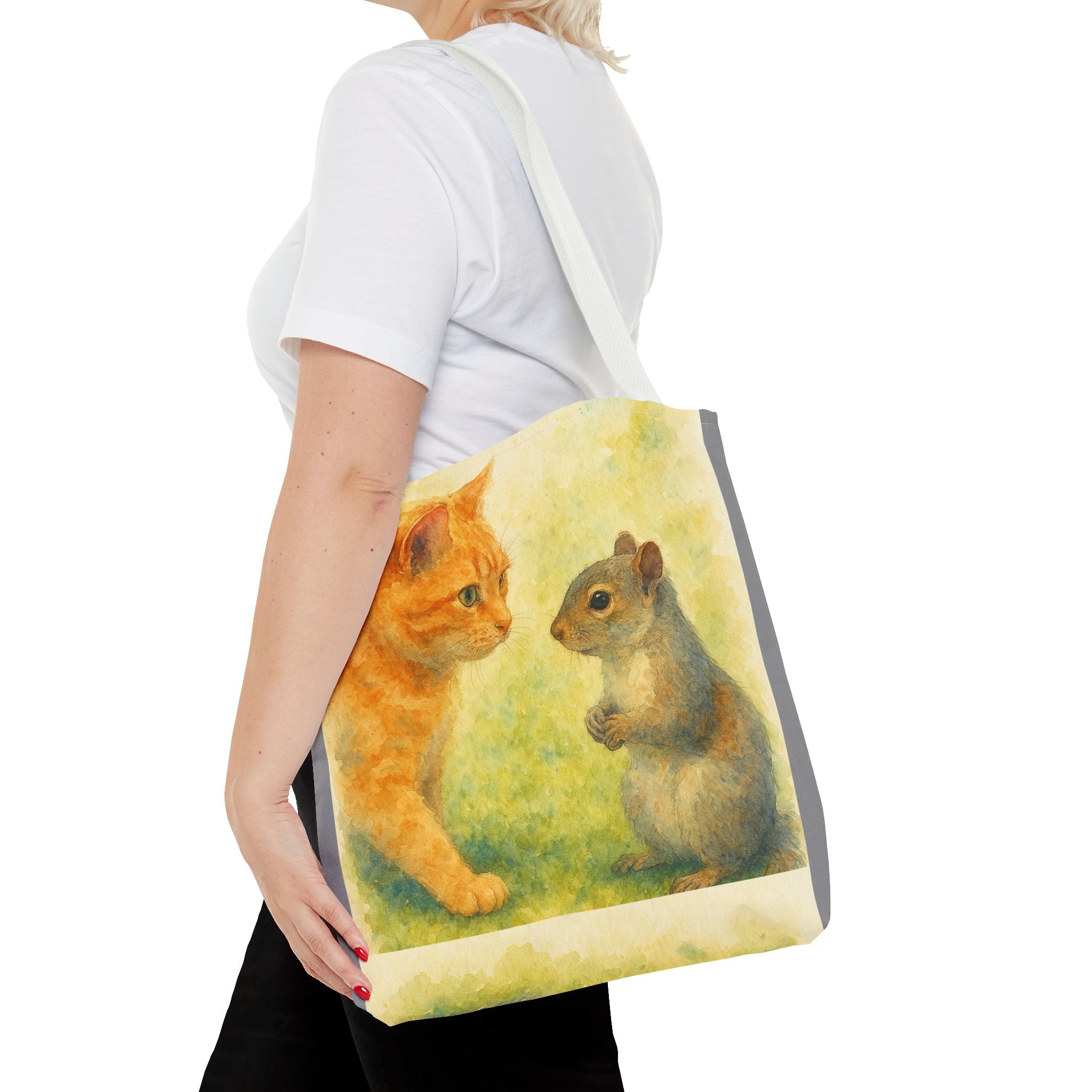 Tote Bag - Watercolor Cat and Squirrel, Cute Animal Print, Carry-All Shoulder Bag, Reusable Shopping Tote, Gift for Animal Lovers