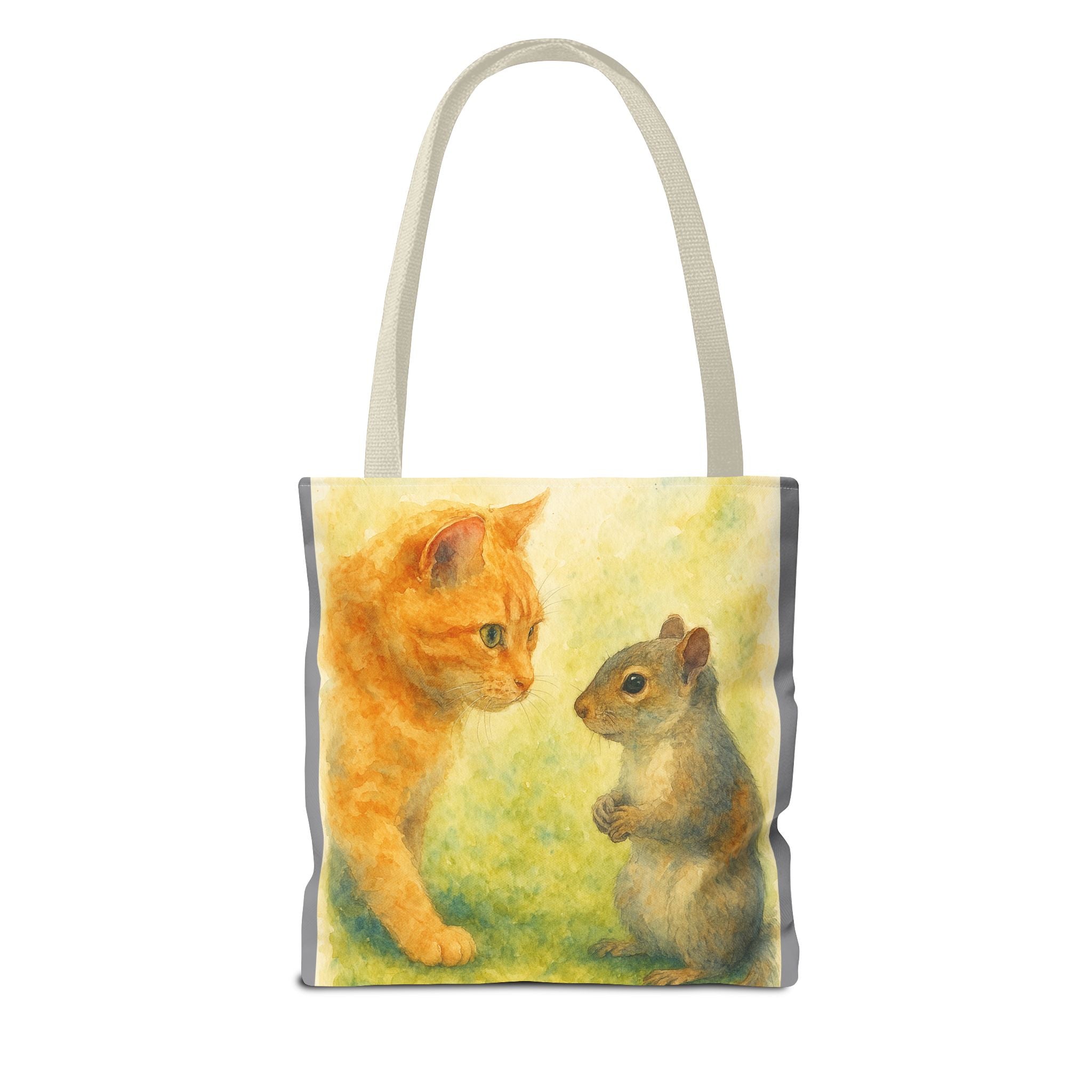 Tote Bag - Watercolor Cat and Squirrel, Cute Animal Print, Carry-All Shoulder Bag, Reusable Shopping Tote, Gift for Animal Lovers