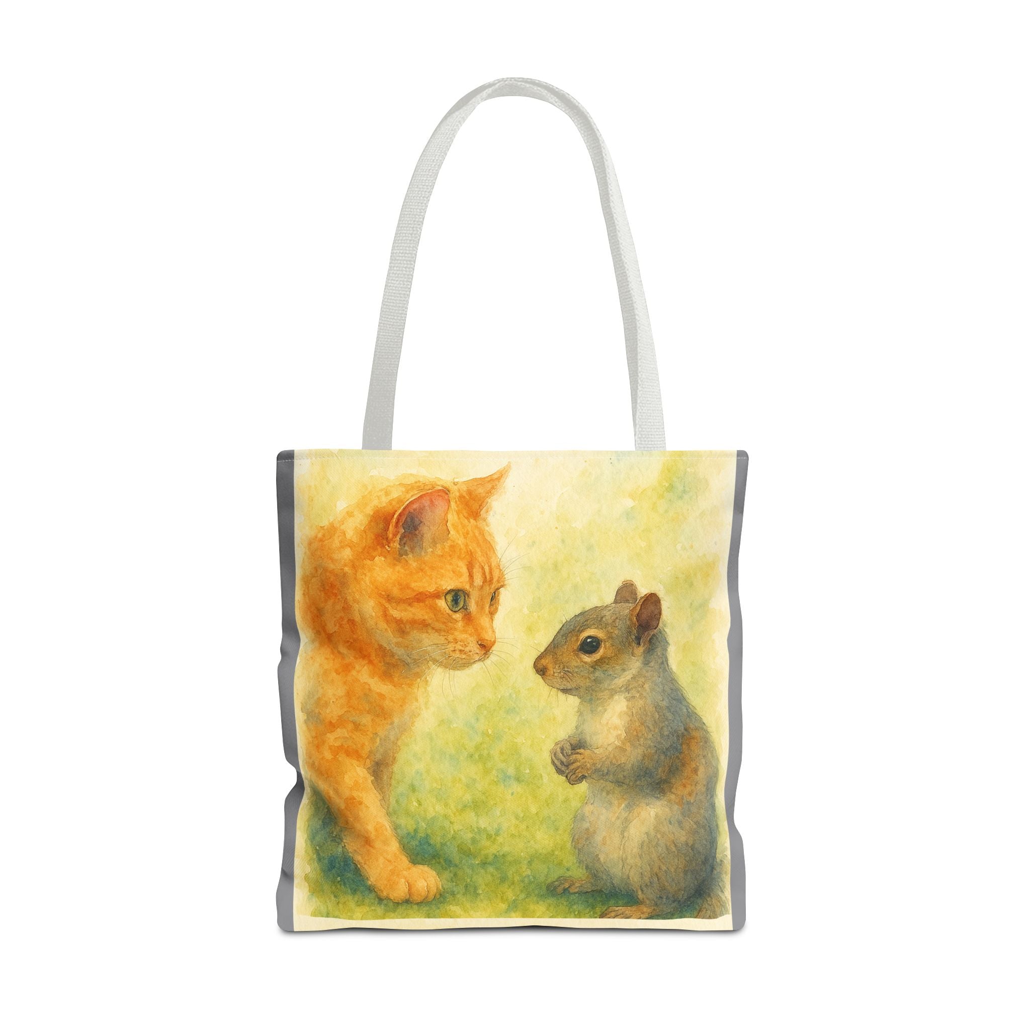 Tote Bag - Watercolor Cat and Squirrel, Cute Animal Print, Carry-All Shoulder Bag, Reusable Shopping Tote, Gift for Animal Lovers