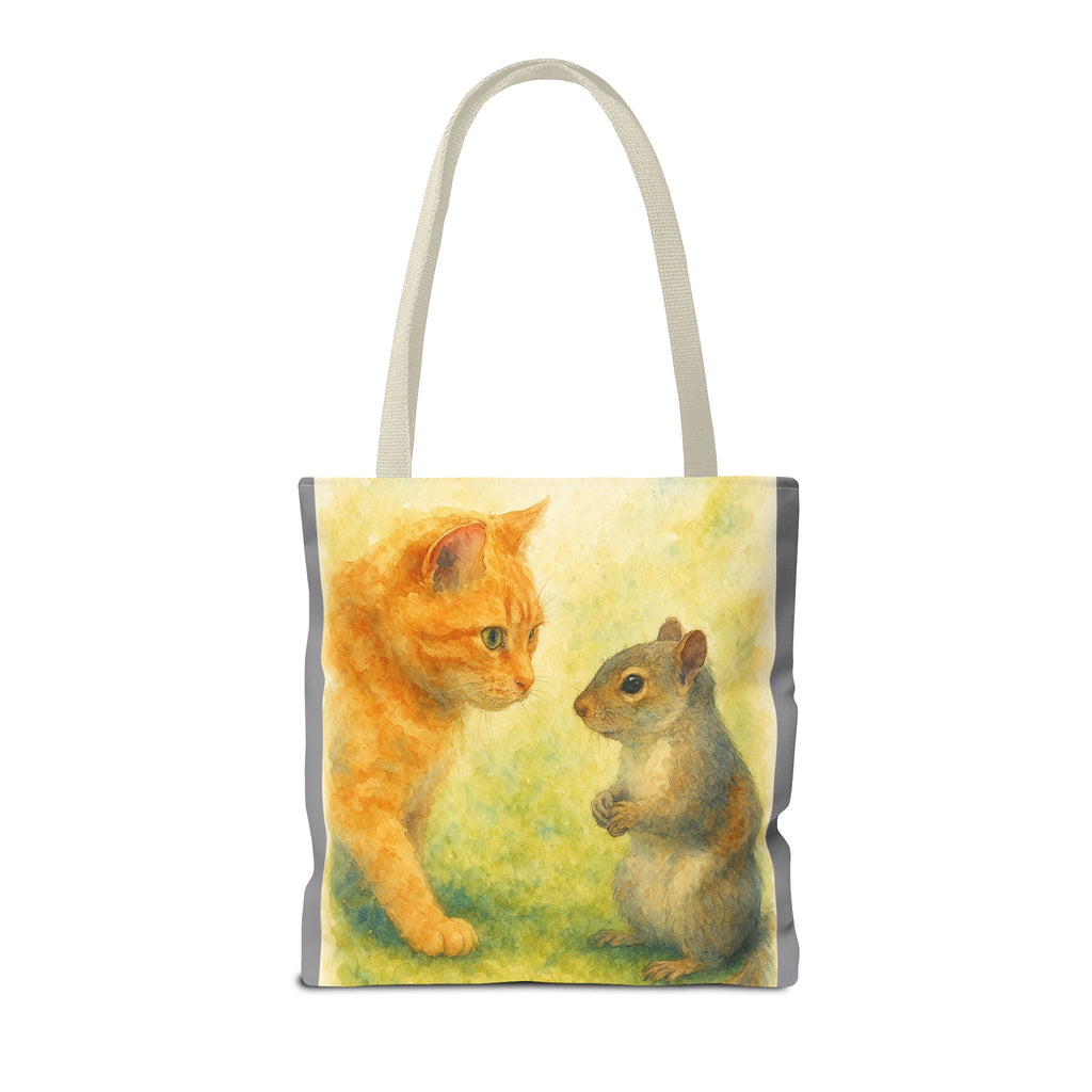 Tote Bag - Watercolor Cat and Squirrel, Cute Animal Print, Carry-All Shoulder Bag, Reusable Shopping Tote, Gift for Animal Lovers