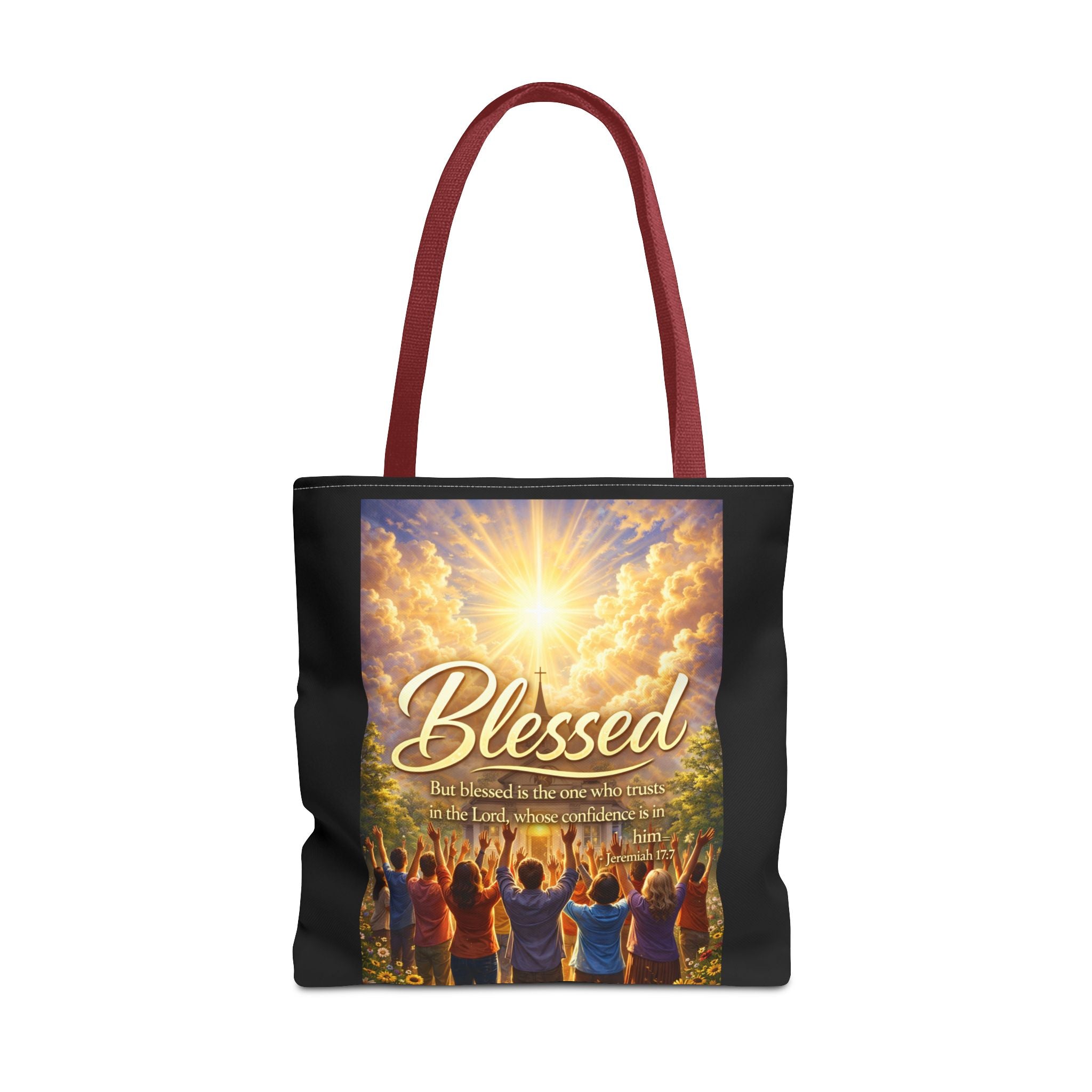 Blessed Script Tote Bag | Inspirational Religious Quote, All-Over Print