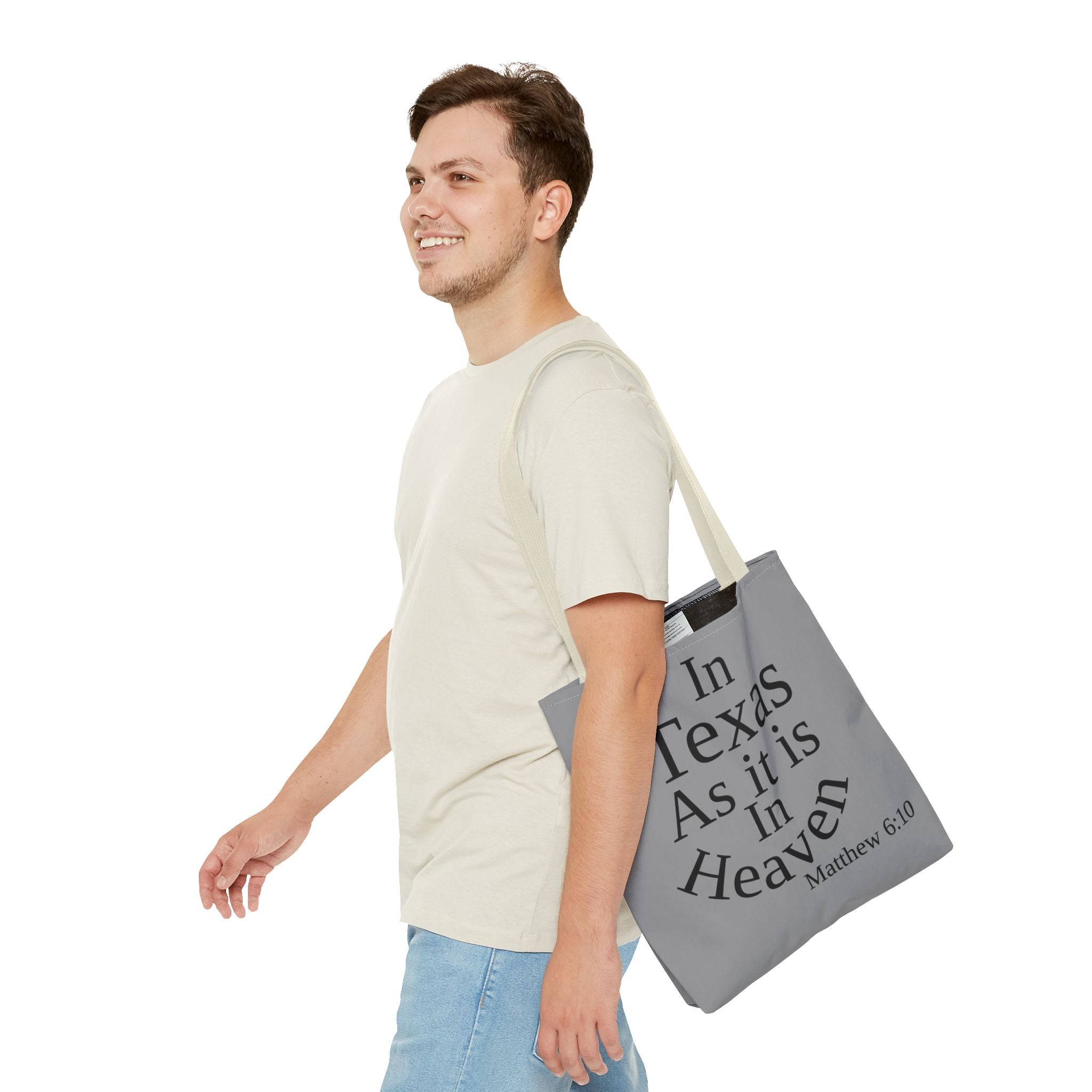 Personalized Grey Matthew 6:10 Bible Verse Tote Bag, City Or State | Market Grocery Book Craft Festival Outing, Lightweight Sturdy Polyester