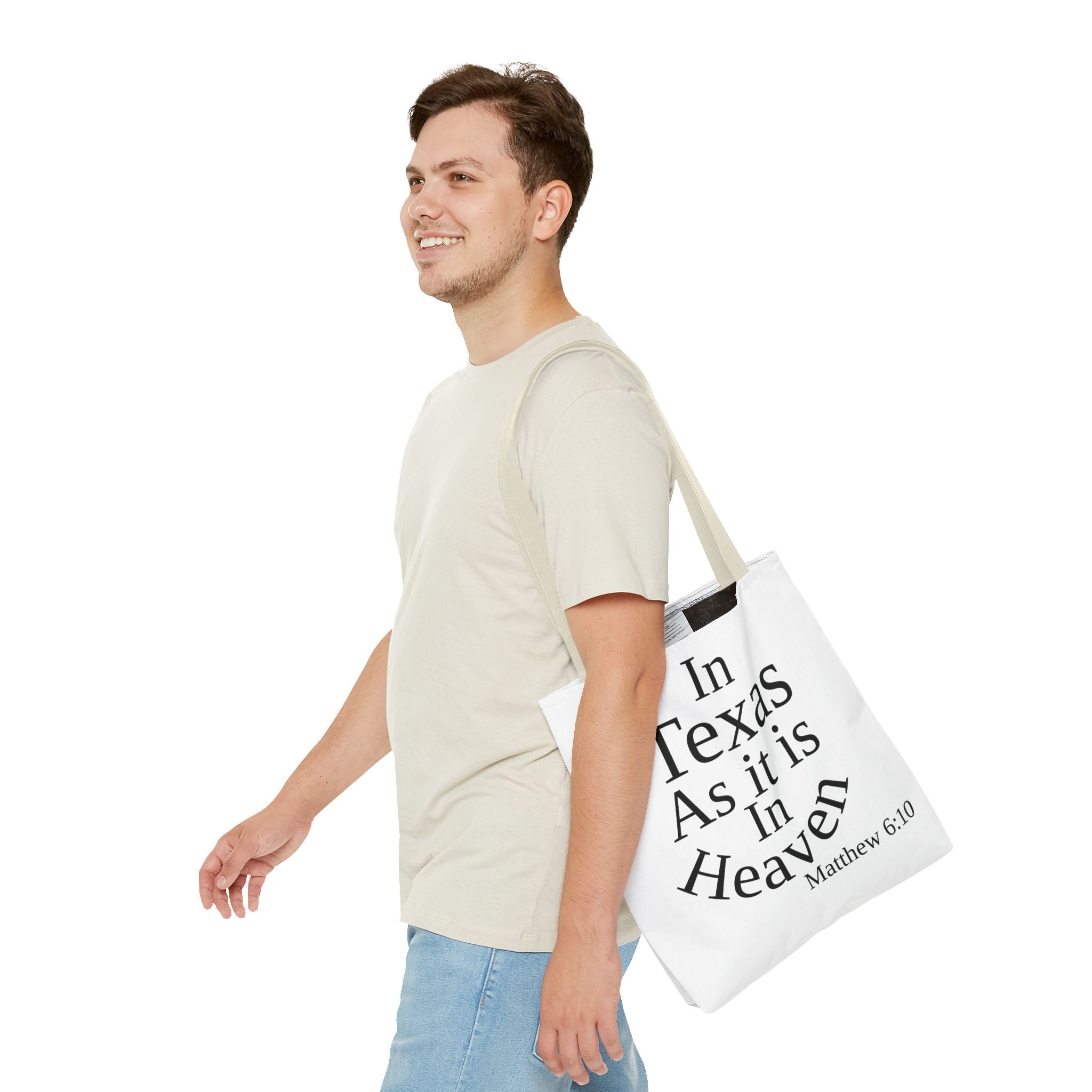 Personalized White Matthew 6:10 Bible Verse Tote Bag, City Or State | Market Grocery Craft Festival Outing, Lightweight Sturdy Polyester