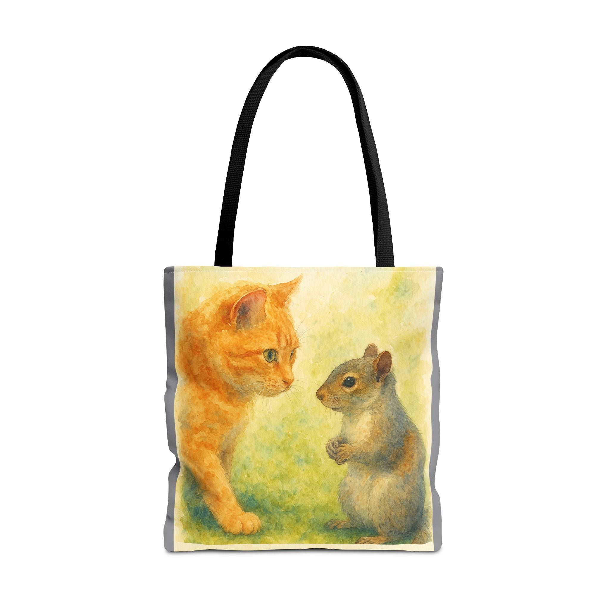 Tote Bag - Watercolor Cat and Squirrel, Cute Animal Print, Carry-All Shoulder Bag, Reusable Shopping Tote, Gift for Animal Lovers
