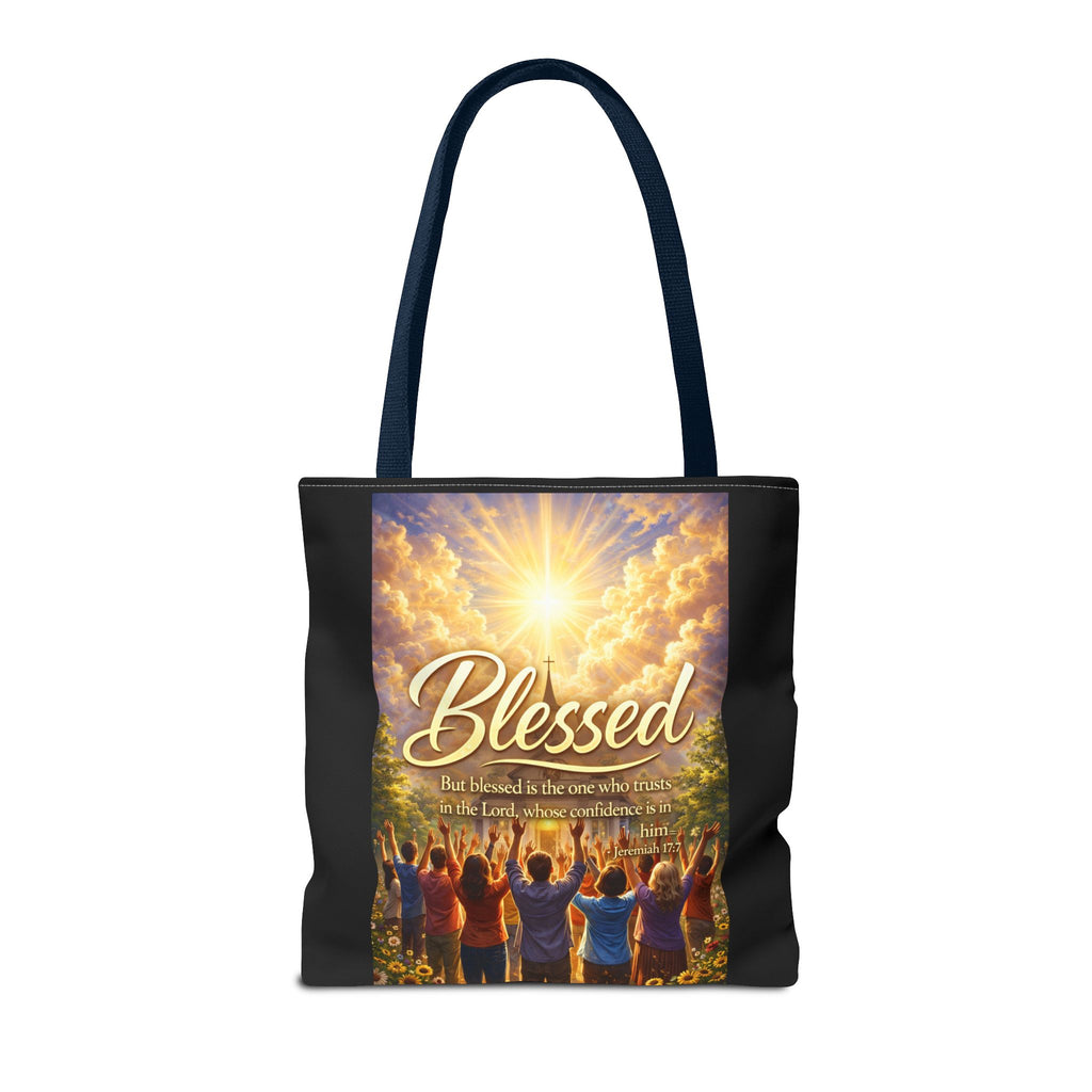 Blessed Script Tote Bag | Inspirational Religious Quote, All-Over Print