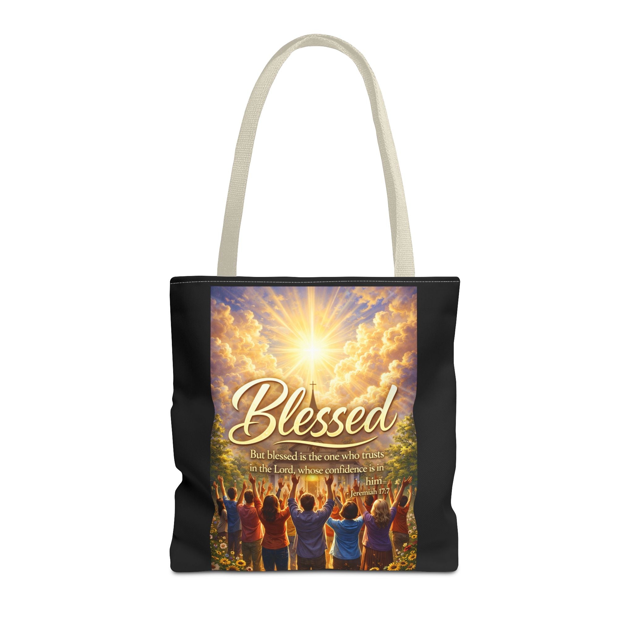 Blessed Script Tote Bag | Inspirational Religious Quote, All-Over Print