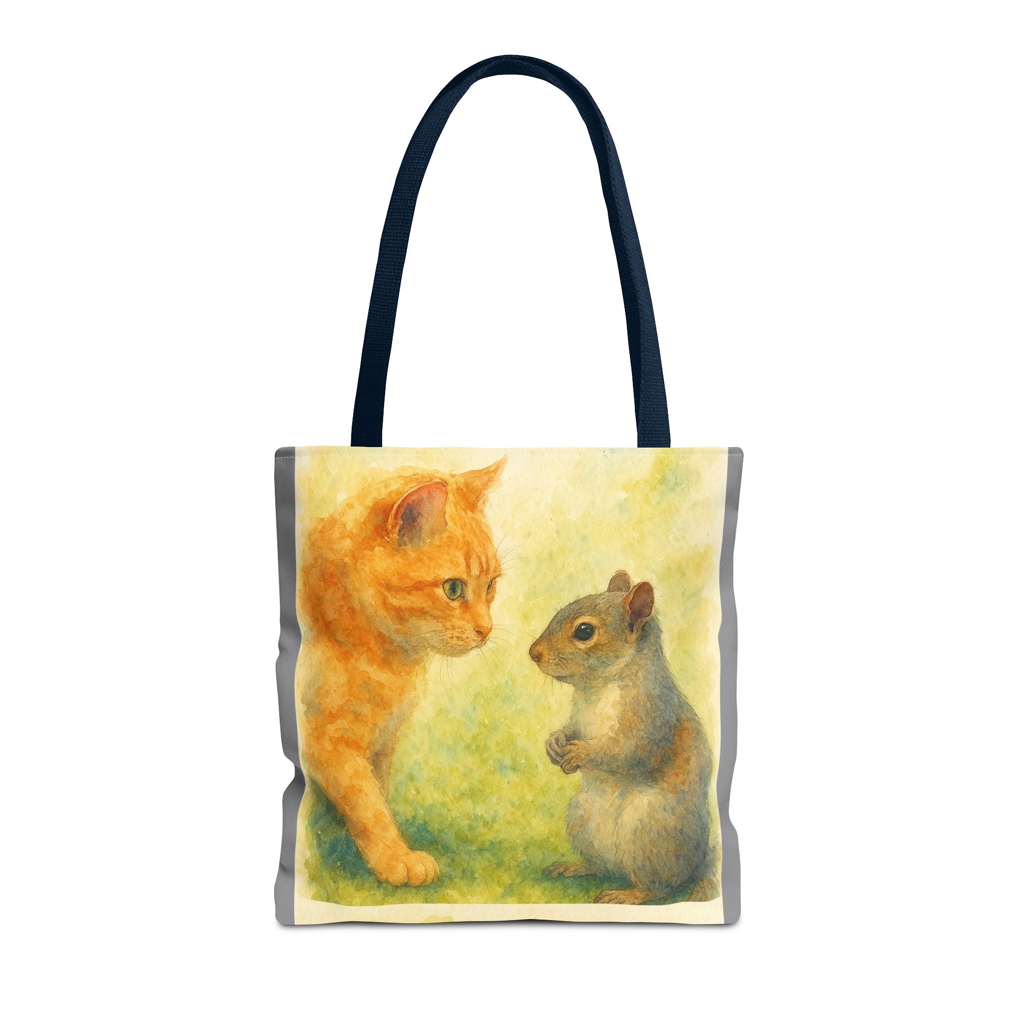 Tote Bag - Watercolor Cat and Squirrel, Cute Animal Print, Carry-All Shoulder Bag, Reusable Shopping Tote, Gift for Animal Lovers