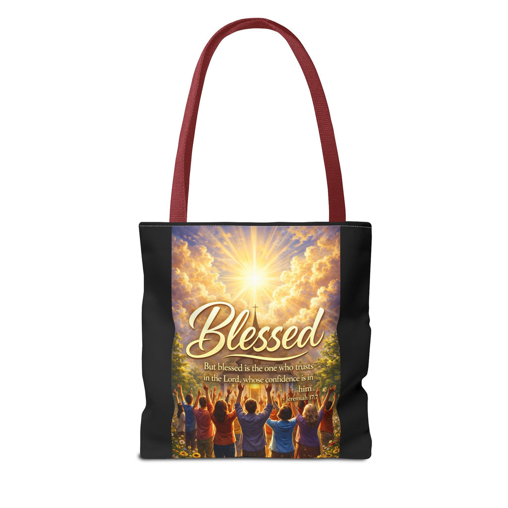 Blessed Script Tote Bag | Inspirational Religious Quote, All-Over Print
