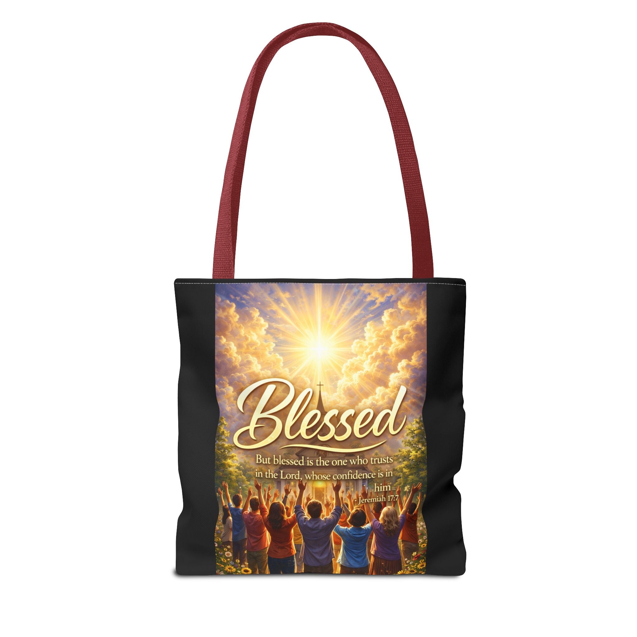 Blessed Script Tote Bag | Inspirational Religious Quote, All-Over Print