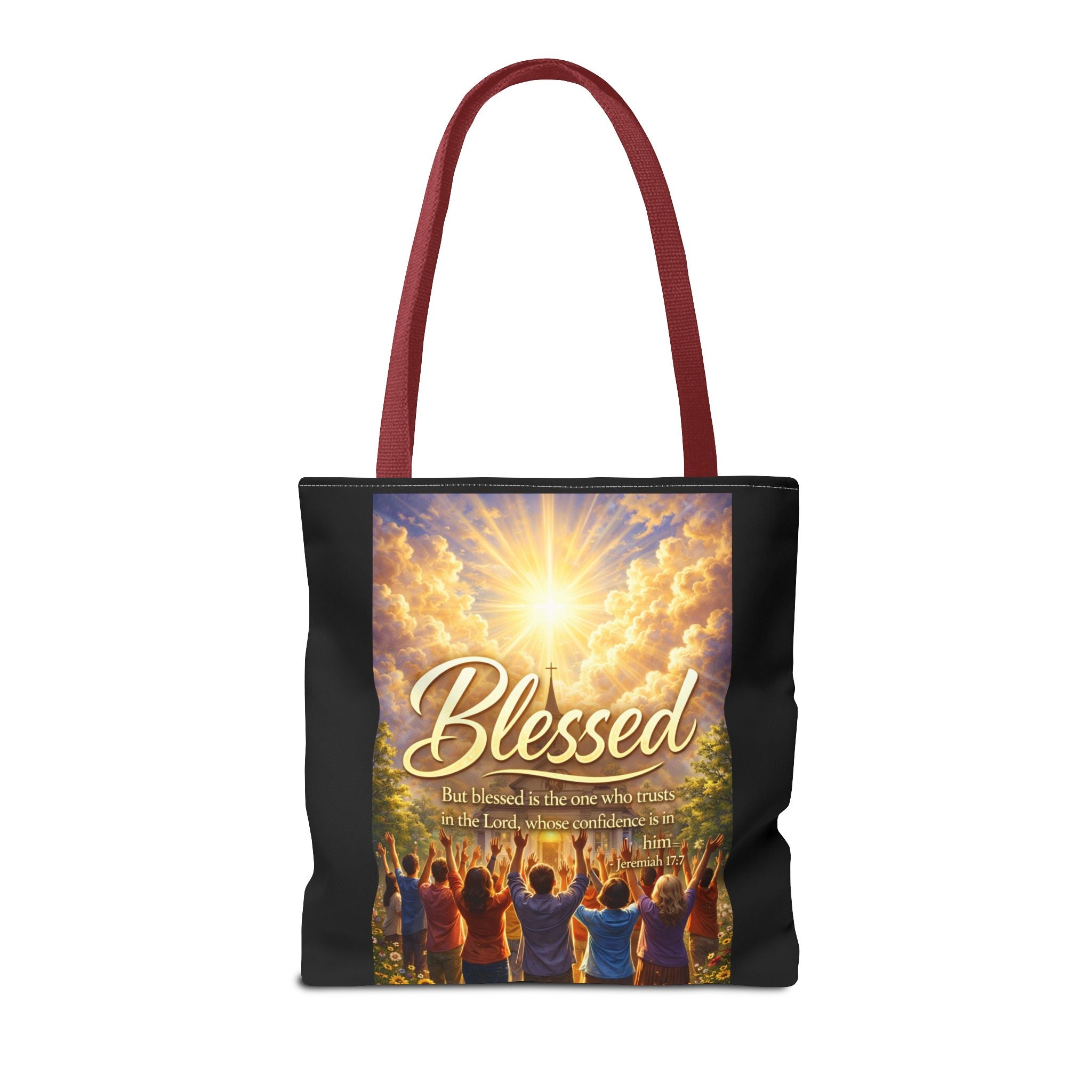 Blessed Script Tote Bag | Inspirational Religious Quote, All-Over Print