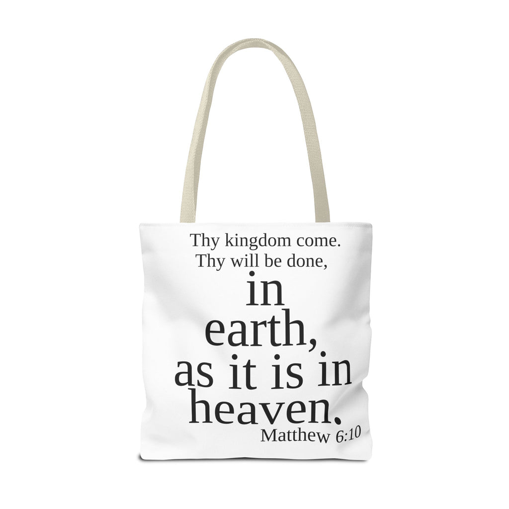 Personalized White Matthew 6:10 Bible Verse Tote Bag, City Or State | Market Grocery Craft Festival Outing, Lightweight Sturdy Polyester