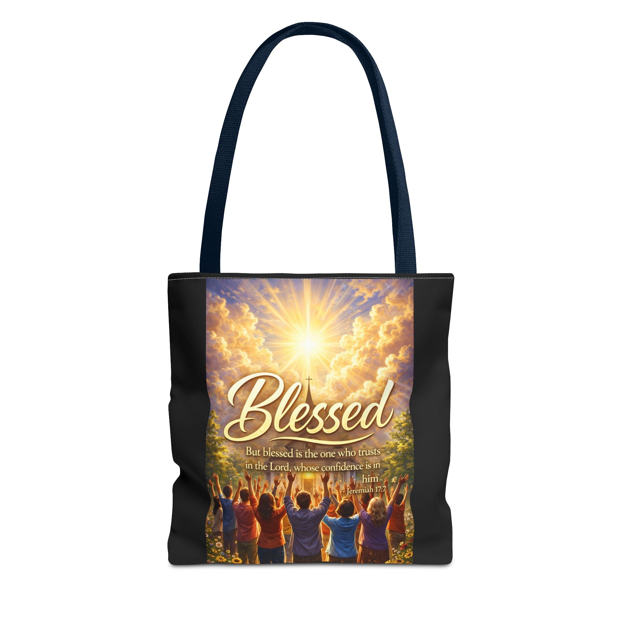 Blessed Script Tote Bag | Inspirational Religious Quote, All-Over Print