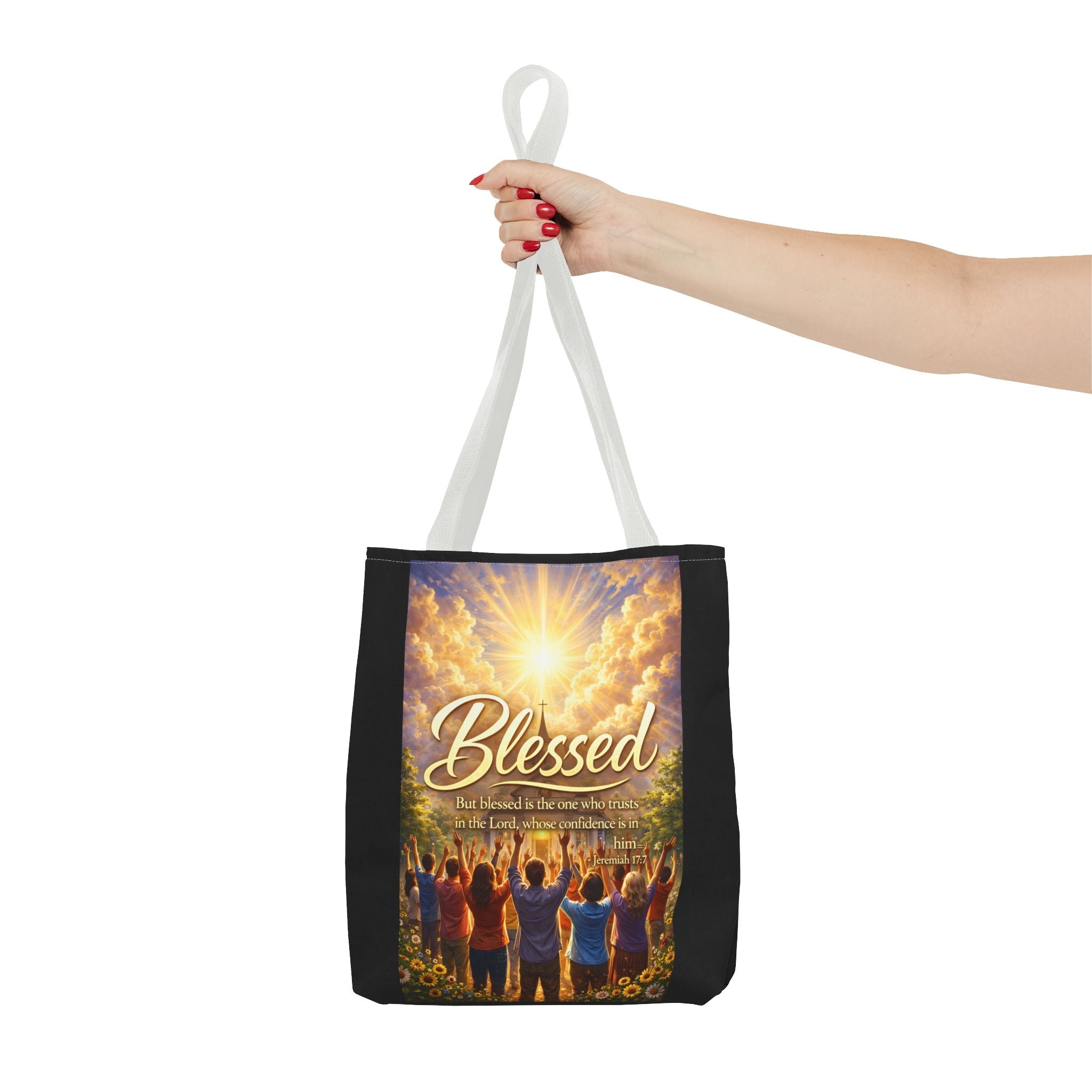 Blessed Script Tote Bag | Inspirational Religious Quote, All-Over Print