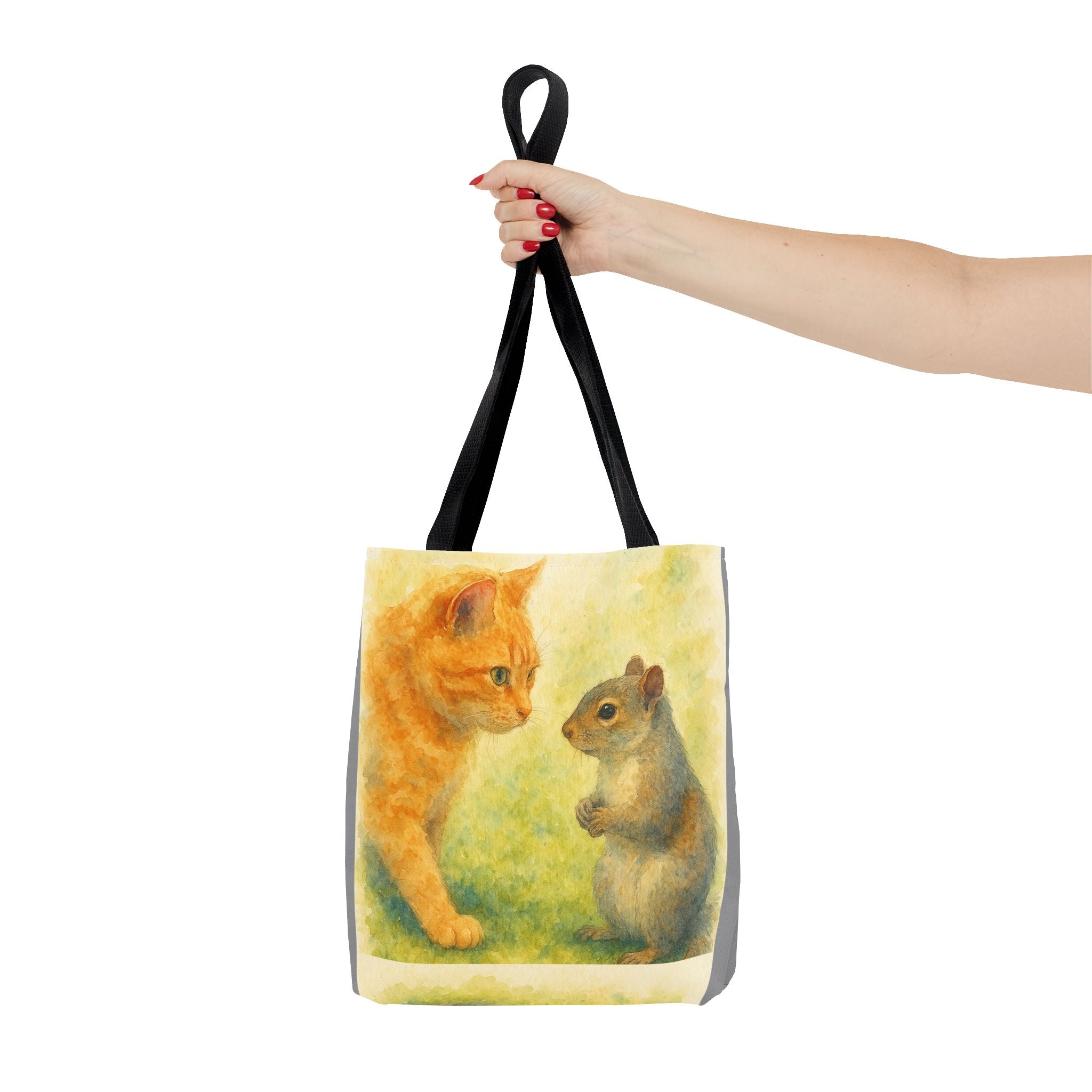Tote Bag - Watercolor Cat and Squirrel, Cute Animal Print, Carry-All Shoulder Bag, Reusable Shopping Tote, Gift for Animal Lovers