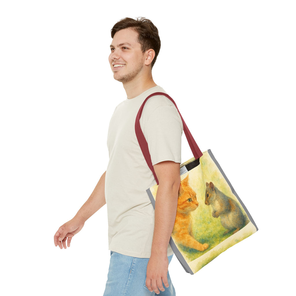 Tote Bag - Watercolor Cat and Squirrel, Cute Animal Print, Carry-All Shoulder Bag, Reusable Shopping Tote, Gift for Animal Lovers