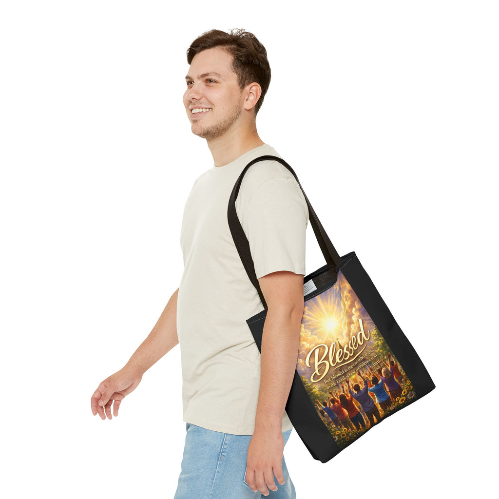 Blessed Script Tote Bag | Inspirational Religious Quote, All-Over Print