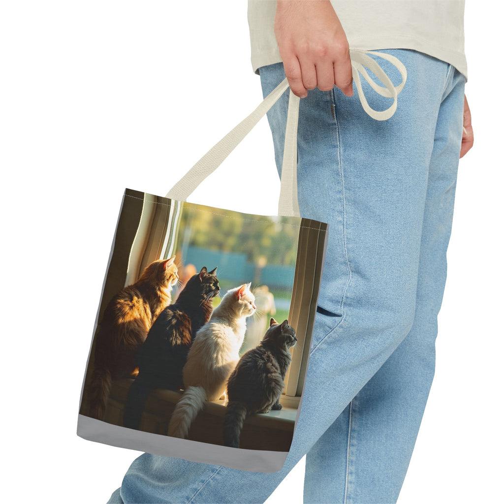 Tote Bag - Four Cats in Window, Carry-All Shoulder Bag, Reusable Shopping Tote, Gift for Animal Lovers