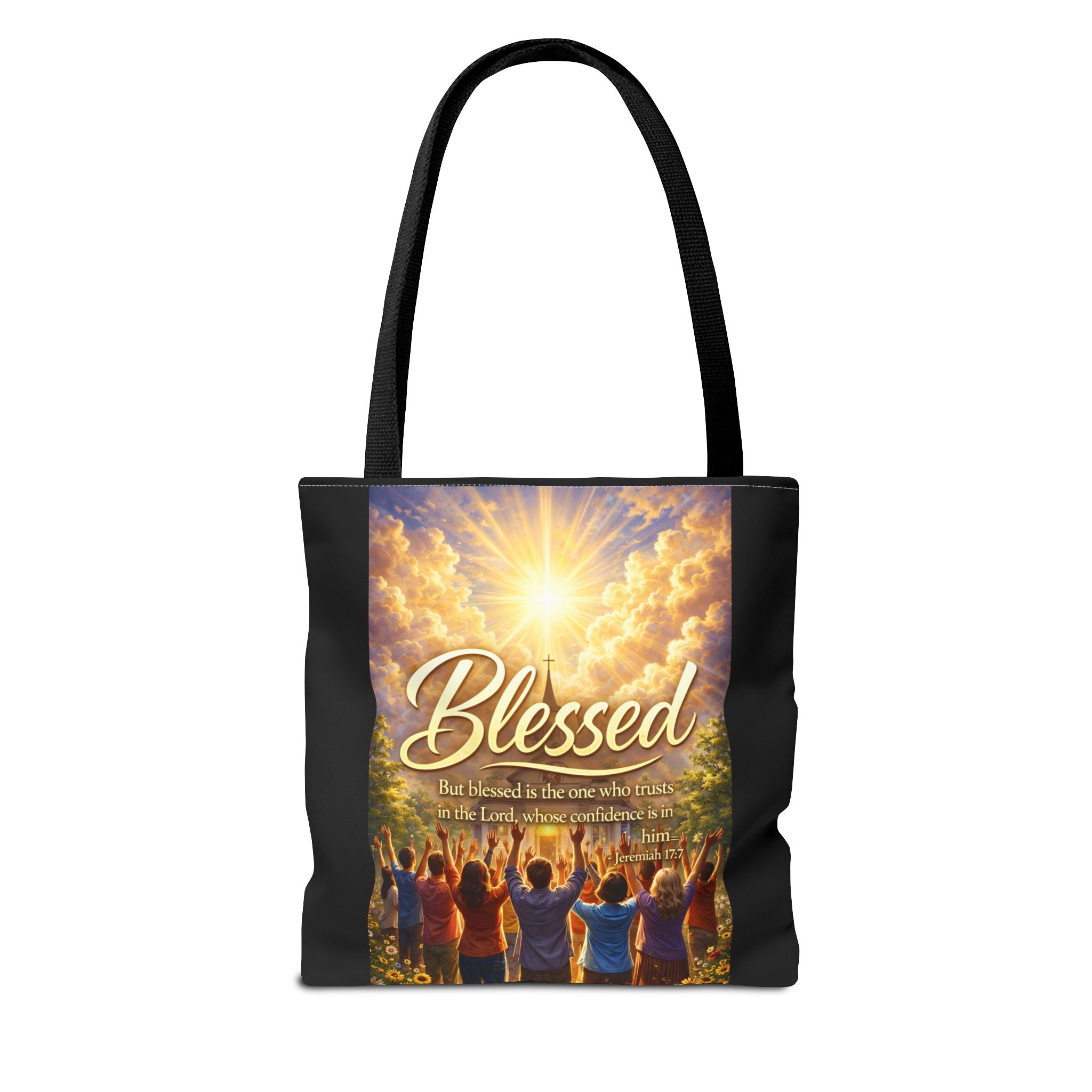 Blessed Script Tote Bag | Inspirational Religious Quote, All-Over Print