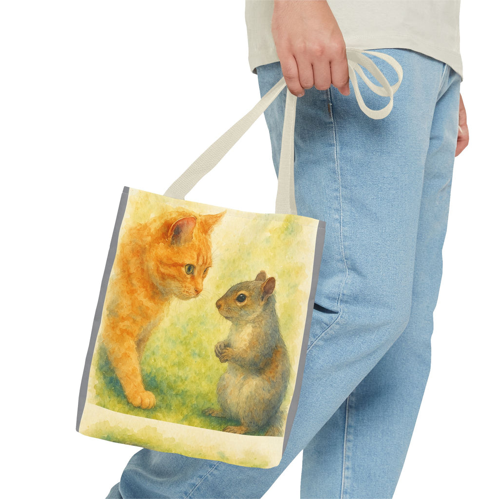 Tote Bag - Watercolor Cat and Squirrel, Cute Animal Print, Carry-All Shoulder Bag, Reusable Shopping Tote, Gift for Animal Lovers