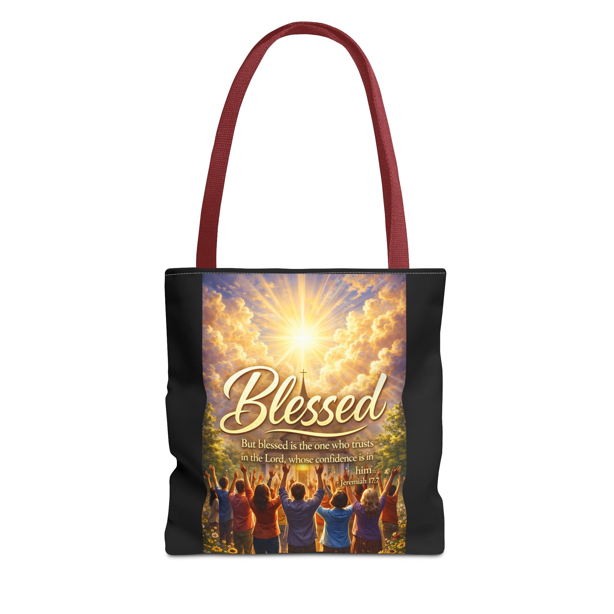 Blessed Script Tote Bag | Inspirational Religious Quote, All-Over Print