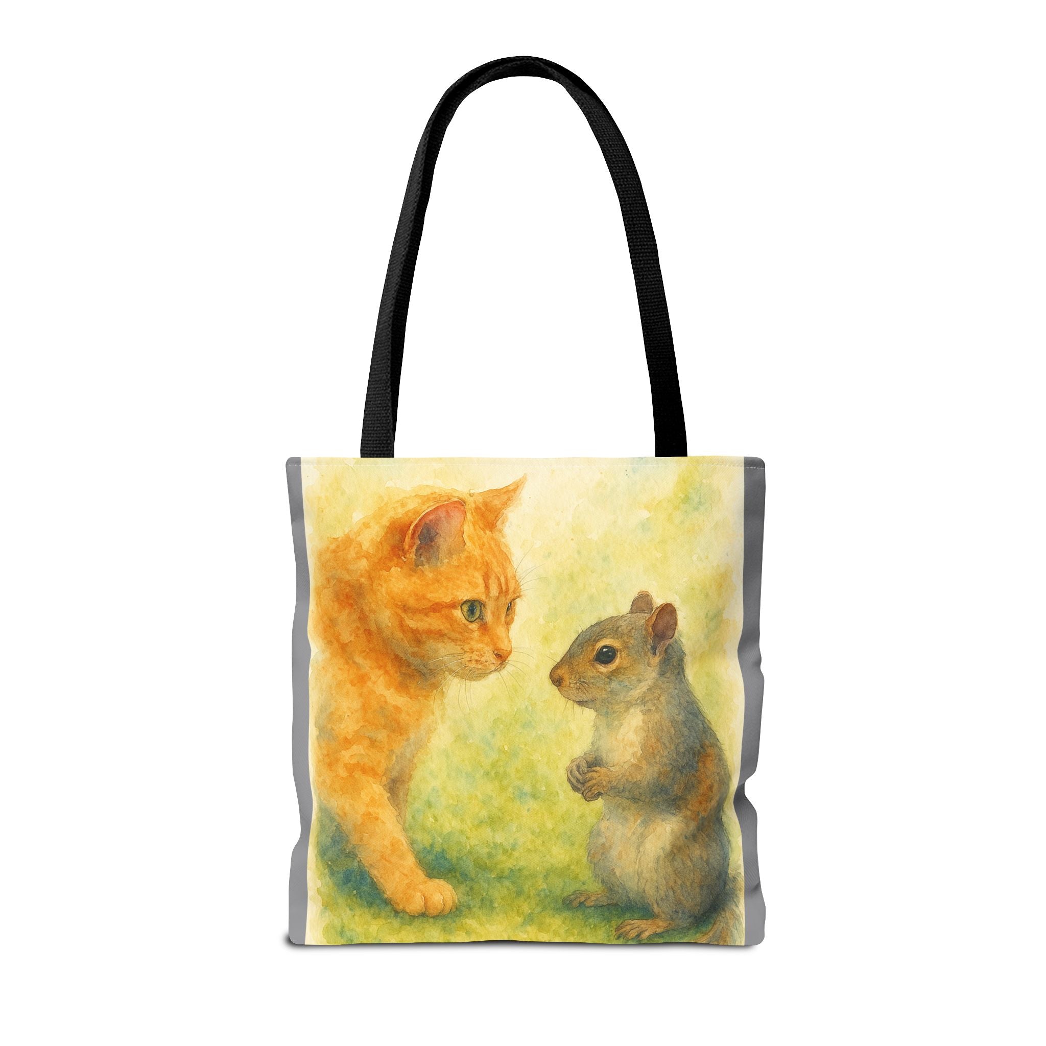 Tote Bag - Watercolor Cat and Squirrel, Cute Animal Print, Carry-All Shoulder Bag, Reusable Shopping Tote, Gift for Animal Lovers