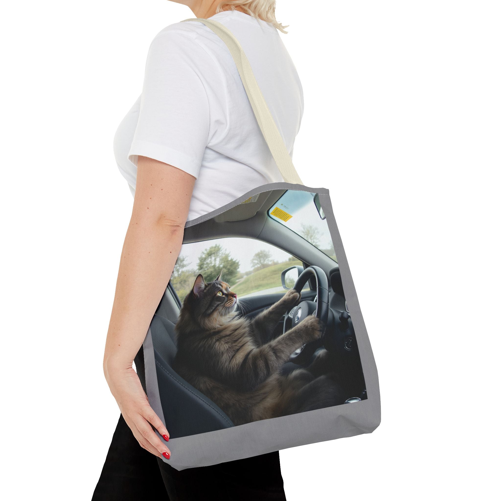 Cat in Car 2 Tote Bag, Cat Lover Gift, Animal Print Grocery Bag, Cute Kitten Shoulder Bag, Cat Lady Purse
