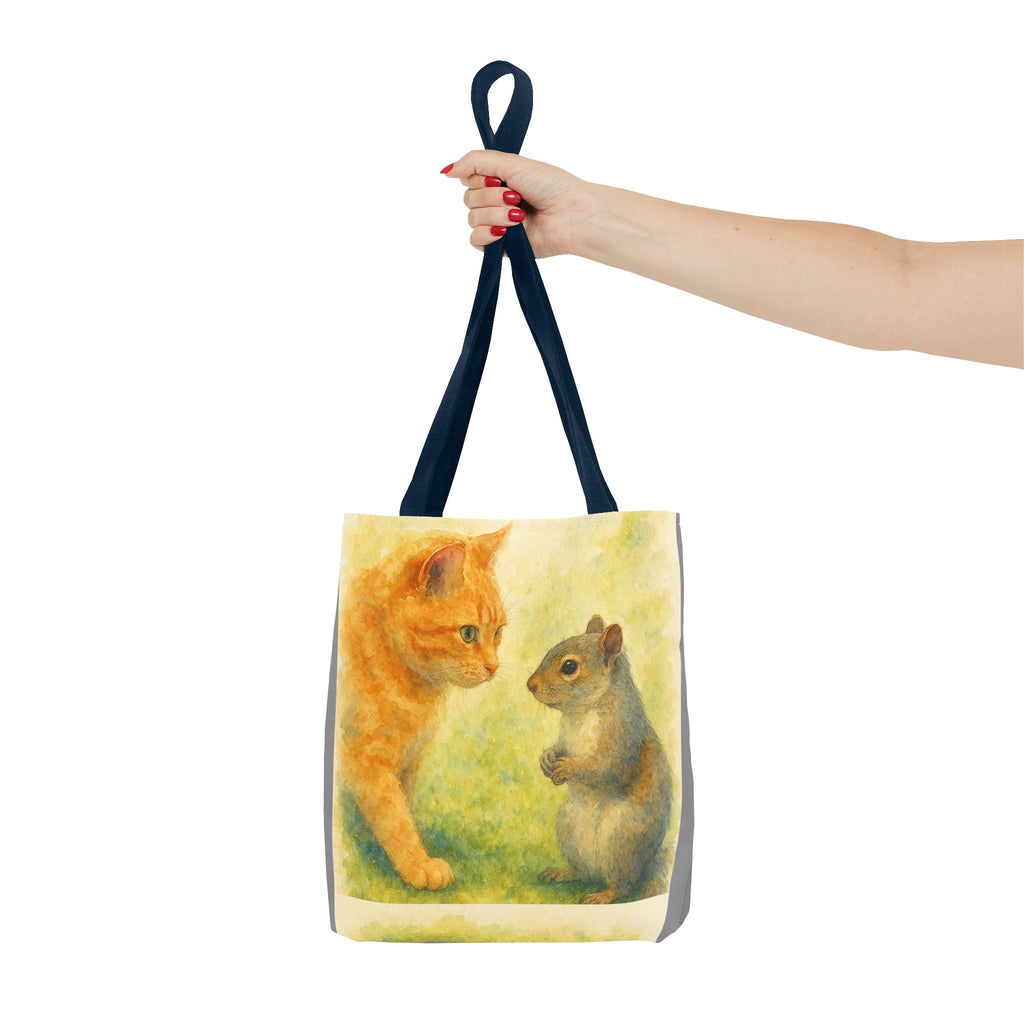 Tote Bag - Watercolor Cat and Squirrel, Cute Animal Print, Carry-All Shoulder Bag, Reusable Shopping Tote, Gift for Animal Lovers