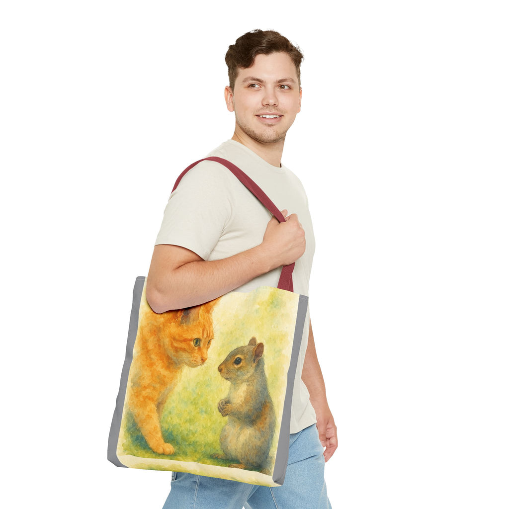 Tote Bag - Watercolor Cat and Squirrel, Cute Animal Print, Carry-All Shoulder Bag, Reusable Shopping Tote, Gift for Animal Lovers
