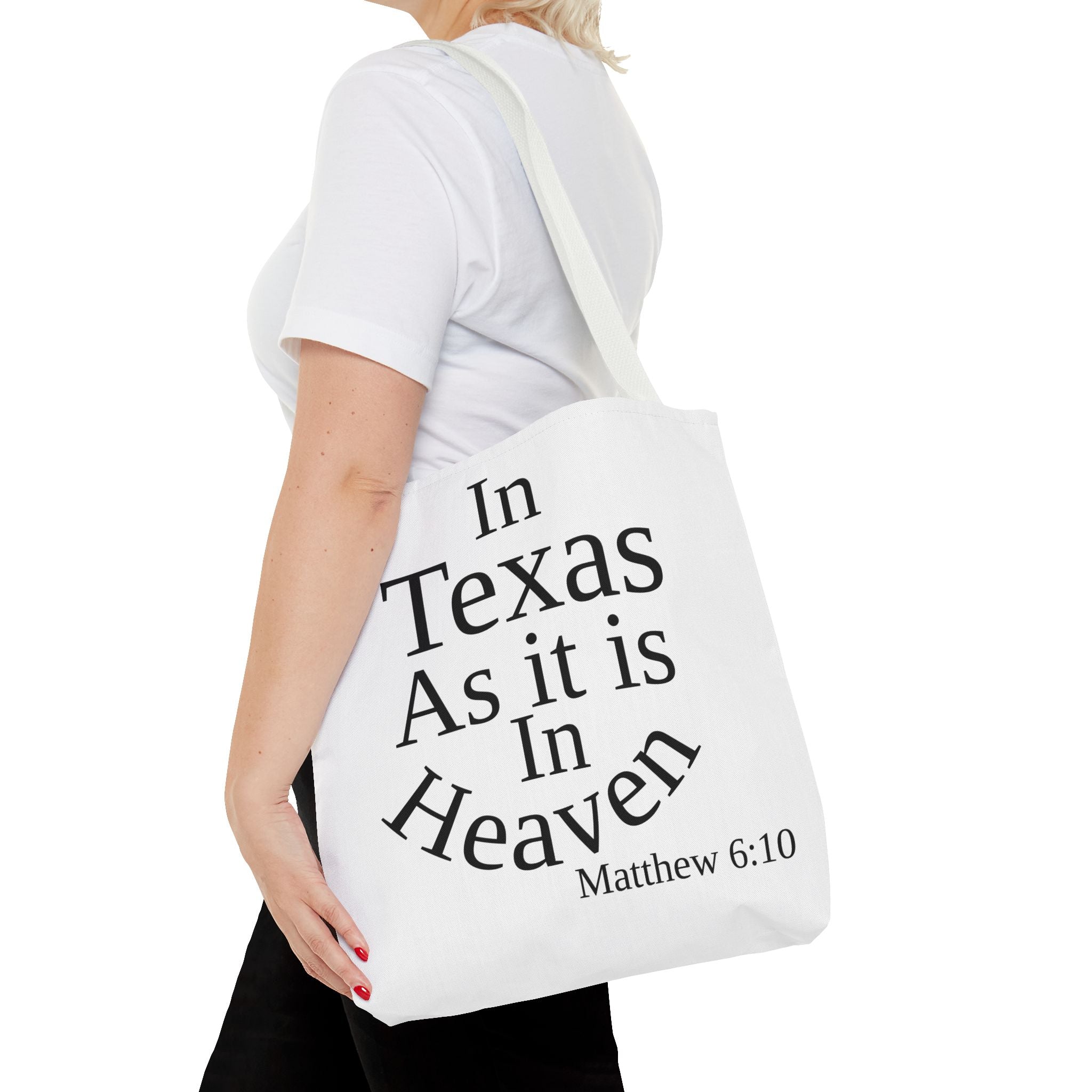Personalized White Matthew 6:10 Bible Verse Tote Bag, City Or State | Market Grocery Craft Festival Outing, Lightweight Sturdy Polyester