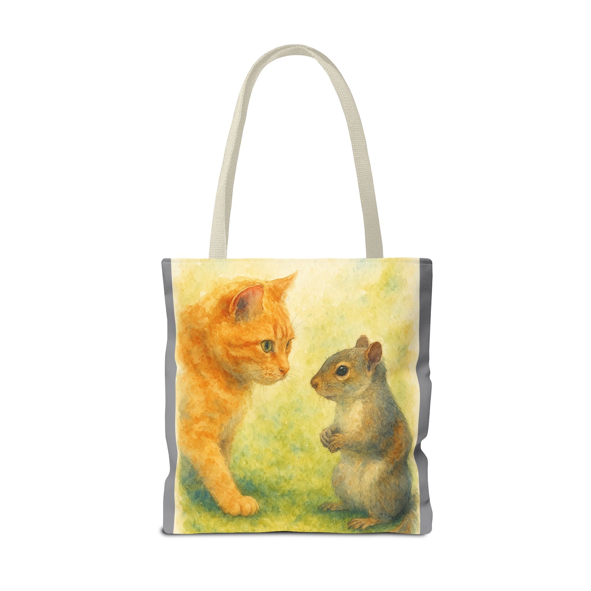 Tote Bag - Watercolor Cat and Squirrel, Cute Animal Print, Carry-All Shoulder Bag, Reusable Shopping Tote, Gift for Animal Lovers