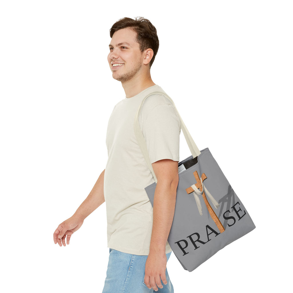 Praise and Worship Grey Cross Tote Bag | Christian Faith Design