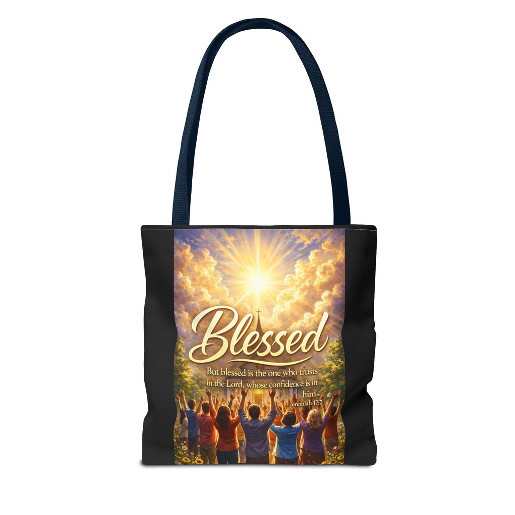 Blessed Script Tote Bag | Inspirational Religious Quote, All-Over Print