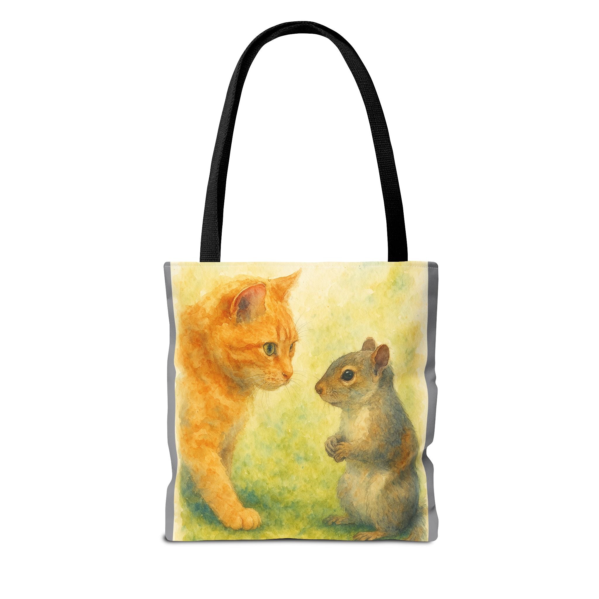 Tote Bag - Watercolor Cat and Squirrel, Cute Animal Print, Carry-All Shoulder Bag, Reusable Shopping Tote, Gift for Animal Lovers