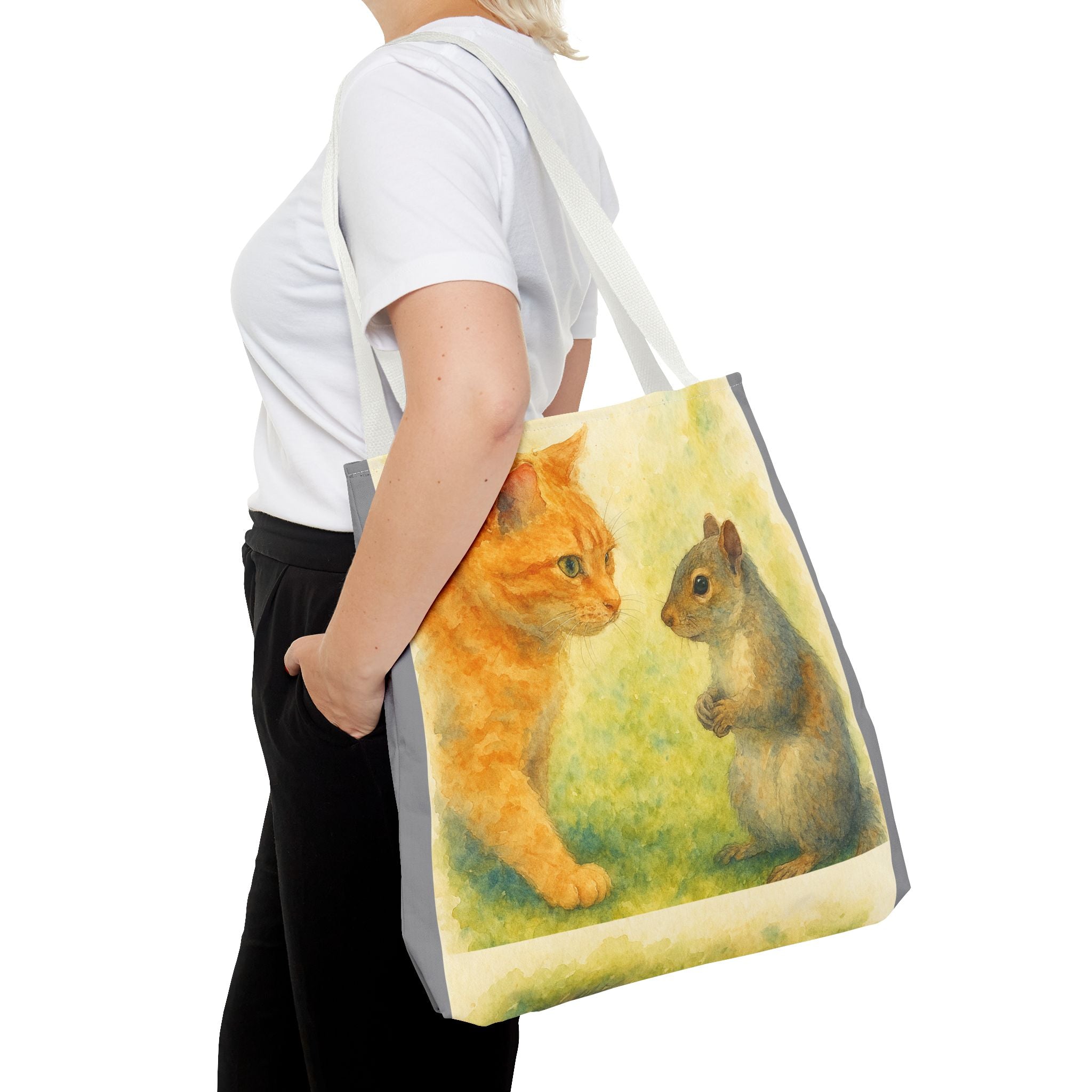 Tote Bag - Watercolor Cat and Squirrel, Cute Animal Print, Carry-All Shoulder Bag, Reusable Shopping Tote, Gift for Animal Lovers