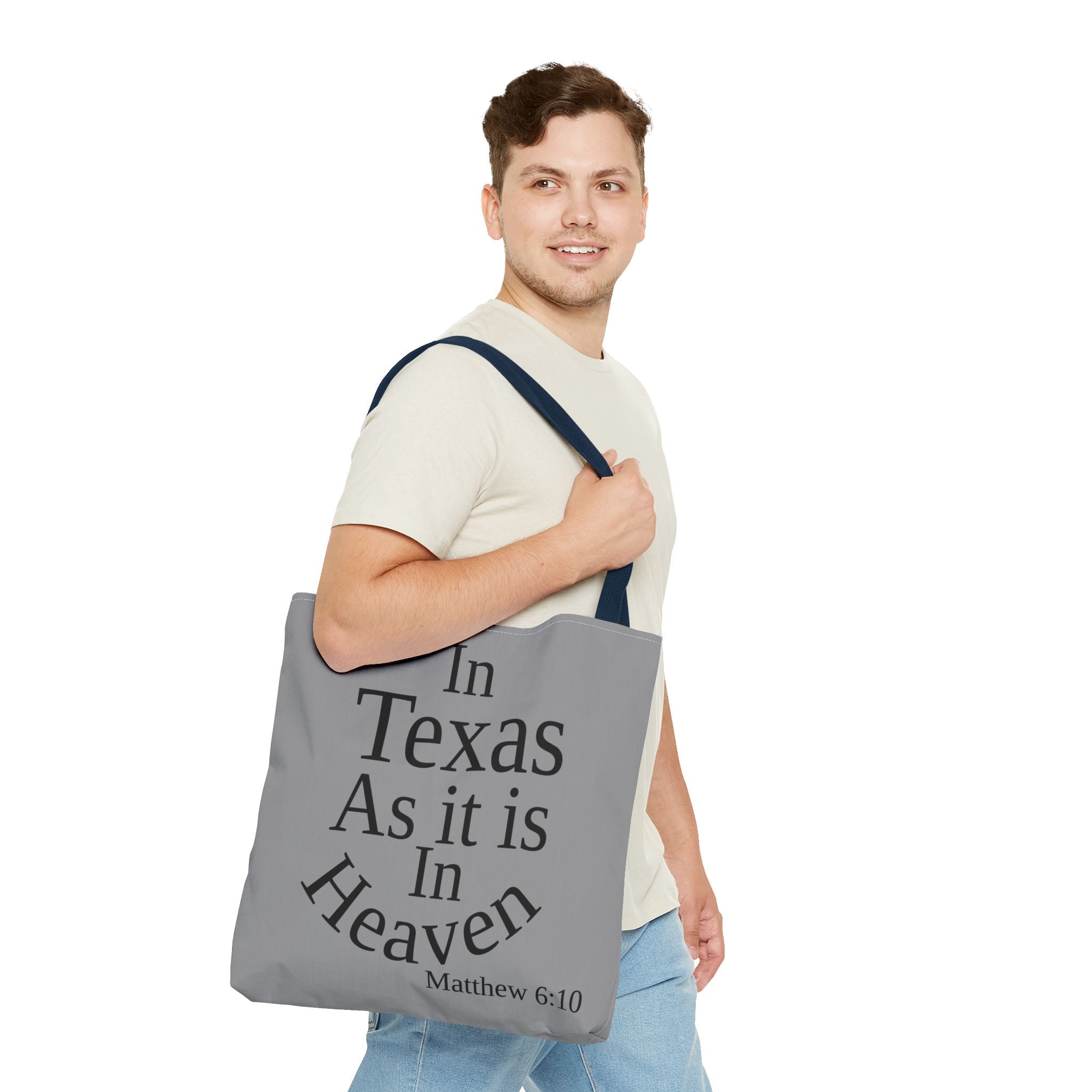 Personalized Grey Matthew 6:10 Bible Verse Tote Bag, City Or State | Market Grocery Book Craft Festival Outing, Lightweight Sturdy Polyester
