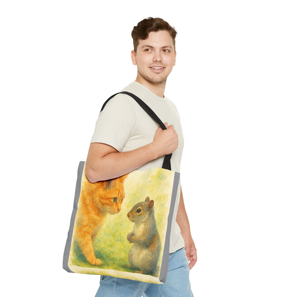 Tote Bag - Watercolor Cat and Squirrel, Cute Animal Print, Carry-All Shoulder Bag, Reusable Shopping Tote, Gift for Animal Lovers