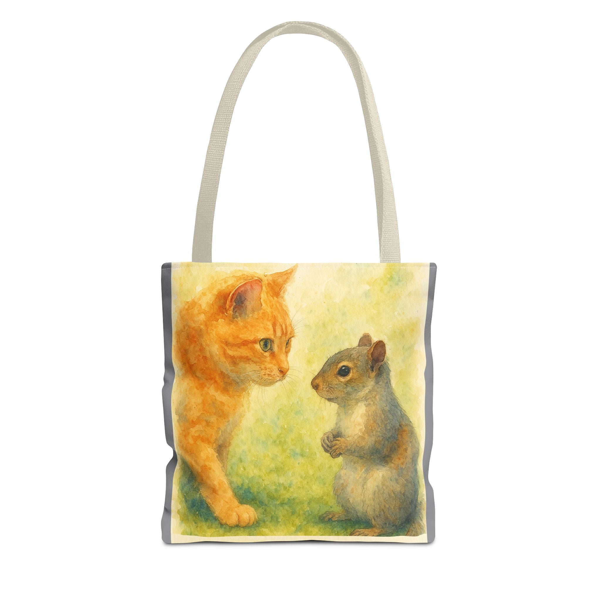 Tote Bag - Watercolor Cat and Squirrel, Cute Animal Print, Carry-All Shoulder Bag, Reusable Shopping Tote, Gift for Animal Lovers