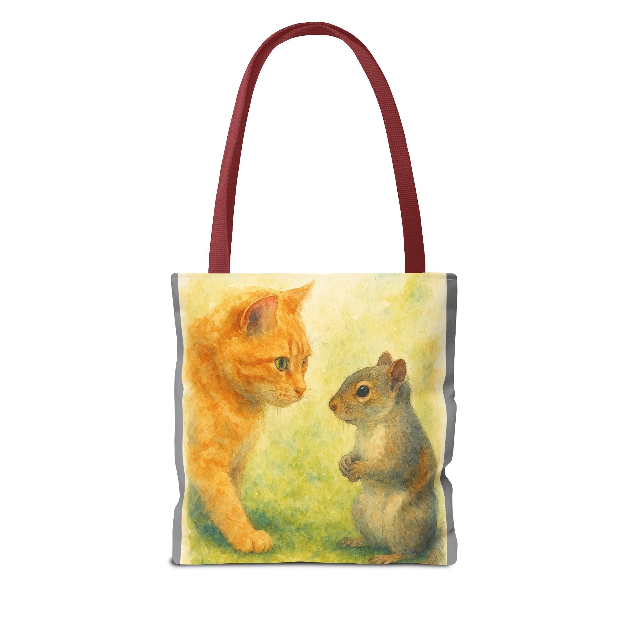 Tote Bag - Watercolor Cat and Squirrel, Cute Animal Print, Carry-All Shoulder Bag, Reusable Shopping Tote, Gift for Animal Lovers