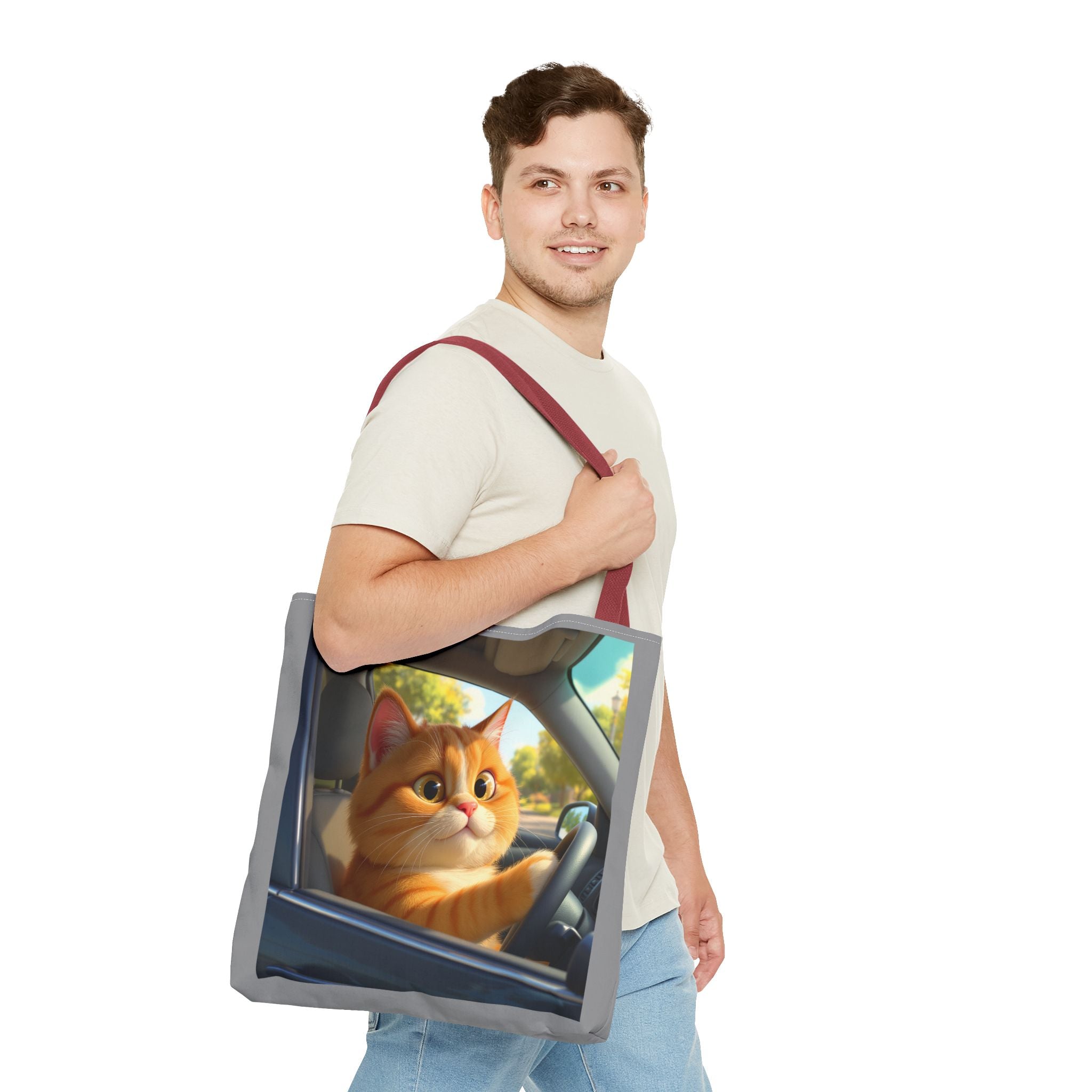 Cat in Car 1 Tote Bag, Cat Lover Gift, Animal Print Grocery Bag, Cute Kitten Shoulder Bag, Cat Lady Purse