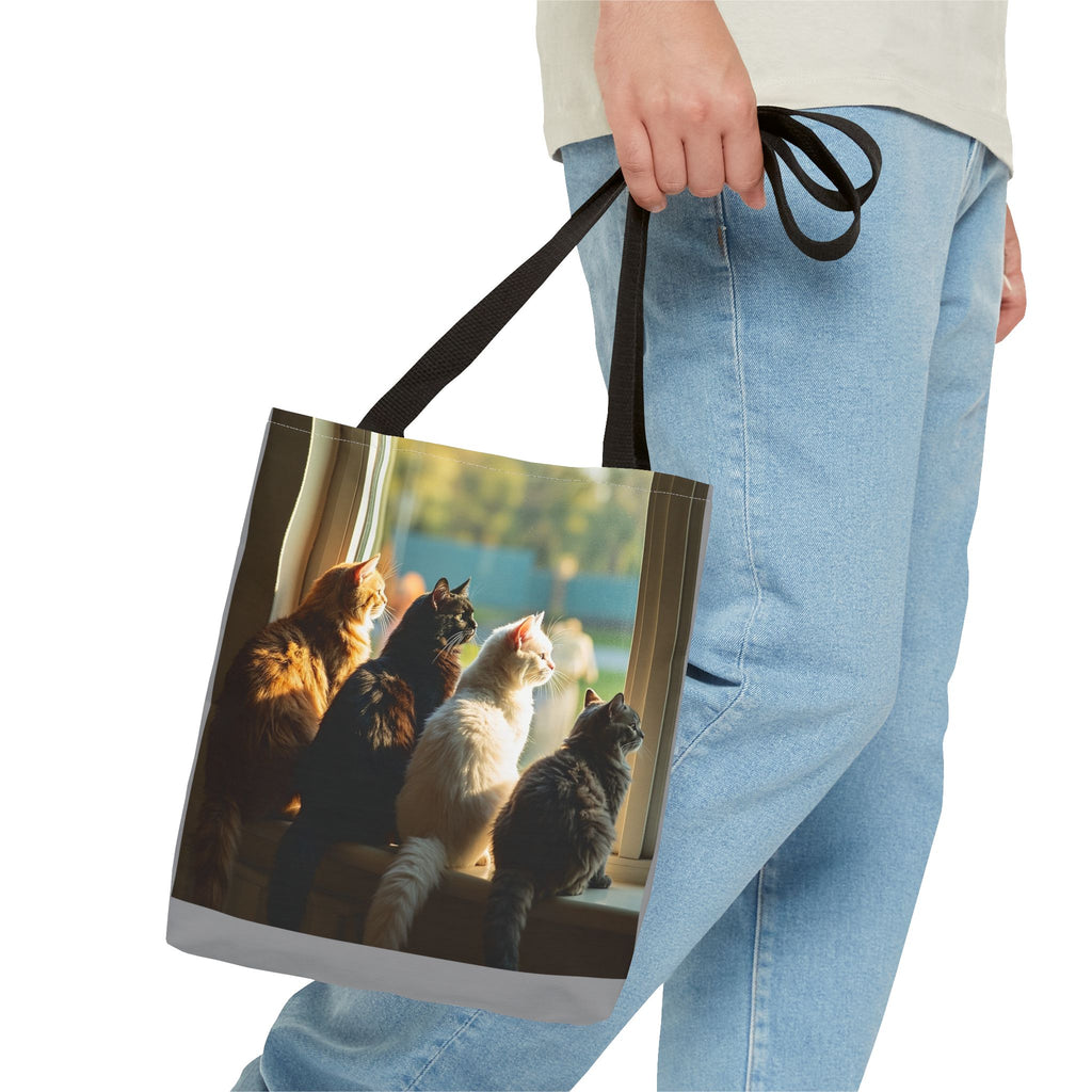 Tote Bag - Four Cats in Window, Carry-All Shoulder Bag, Reusable Shopping Tote, Gift for Animal Lovers