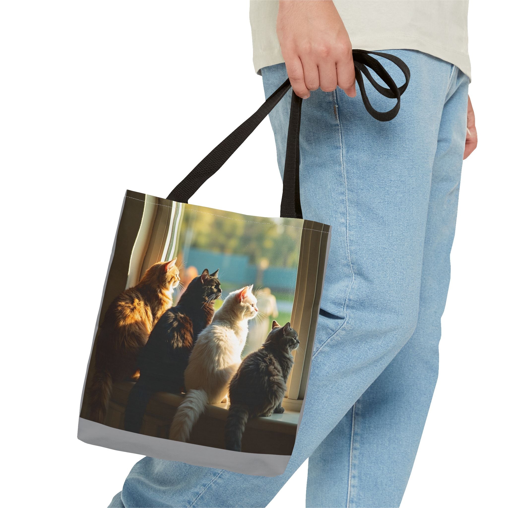 Tote Bag - Four Cats in Window, Carry-All Shoulder Bag, Reusable Shopping Tote, Gift for Animal Lovers