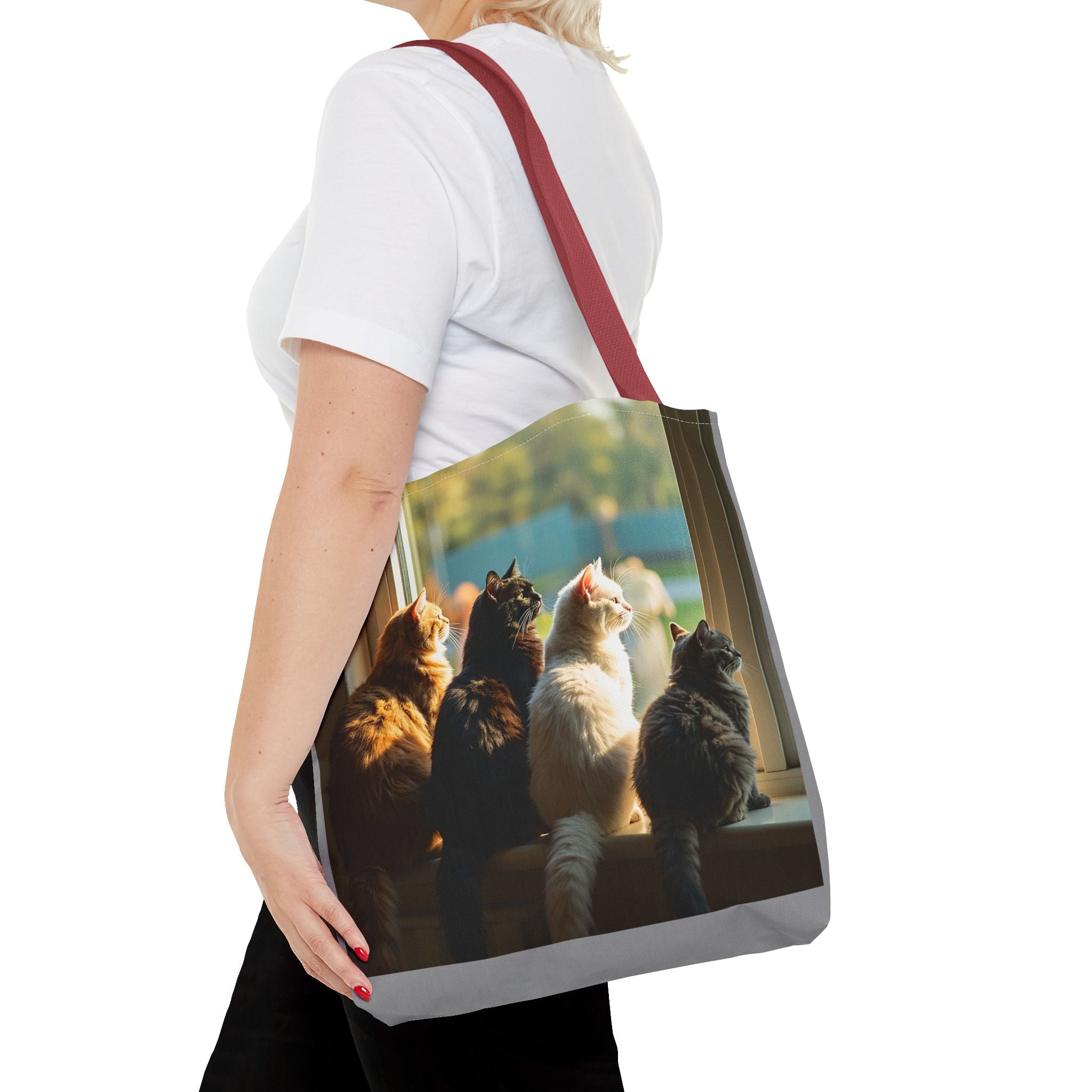 Tote Bag - Four Cats in Window, Carry-All Shoulder Bag, Reusable Shopping Tote, Gift for Animal Lovers