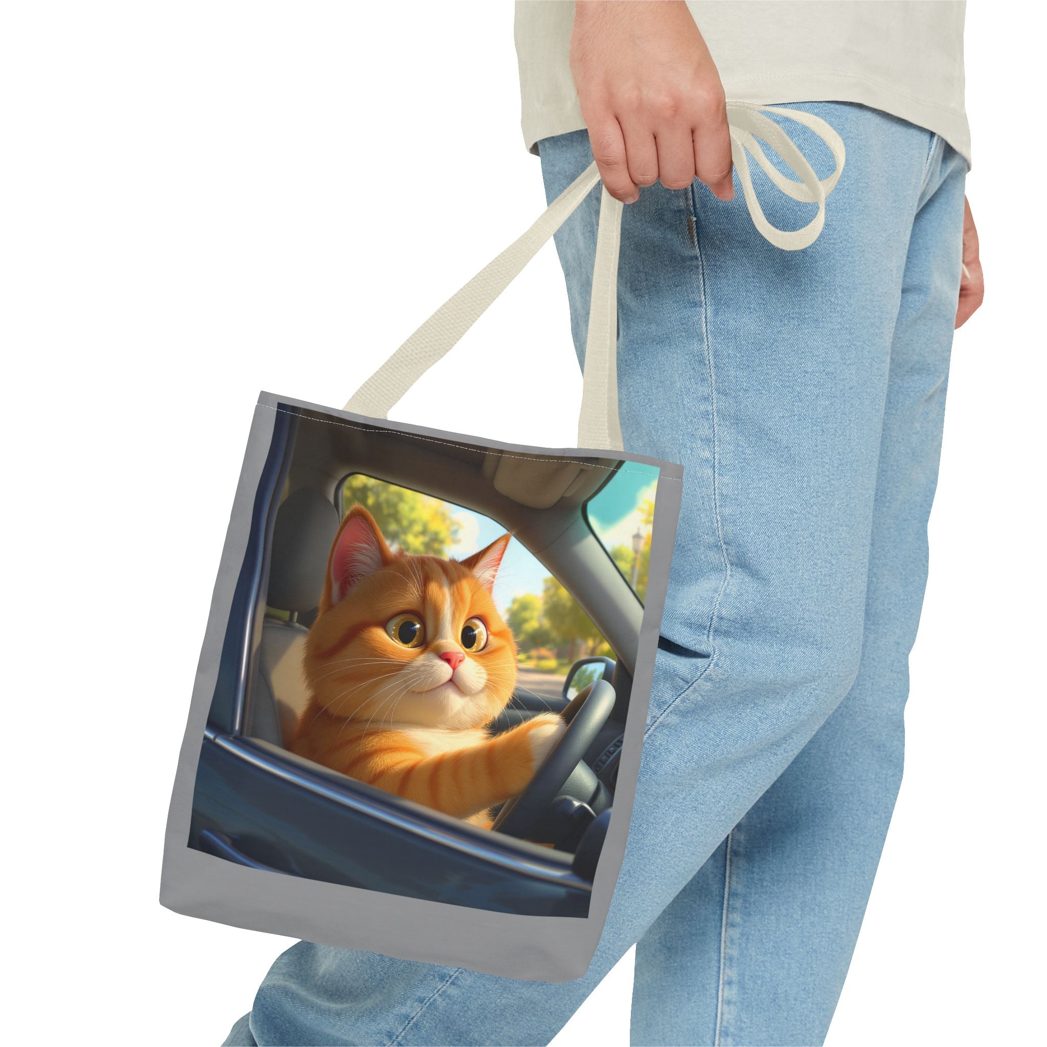 Cat in Car 1 Tote Bag, Cat Lover Gift, Animal Print Grocery Bag, Cute Kitten Shoulder Bag, Cat Lady Purse