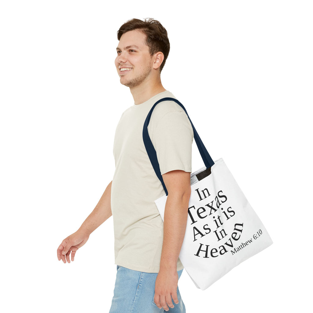 Personalized White Matthew 6:10 Bible Verse Tote Bag, City Or State | Market Grocery Craft Festival Outing, Lightweight Sturdy Polyester