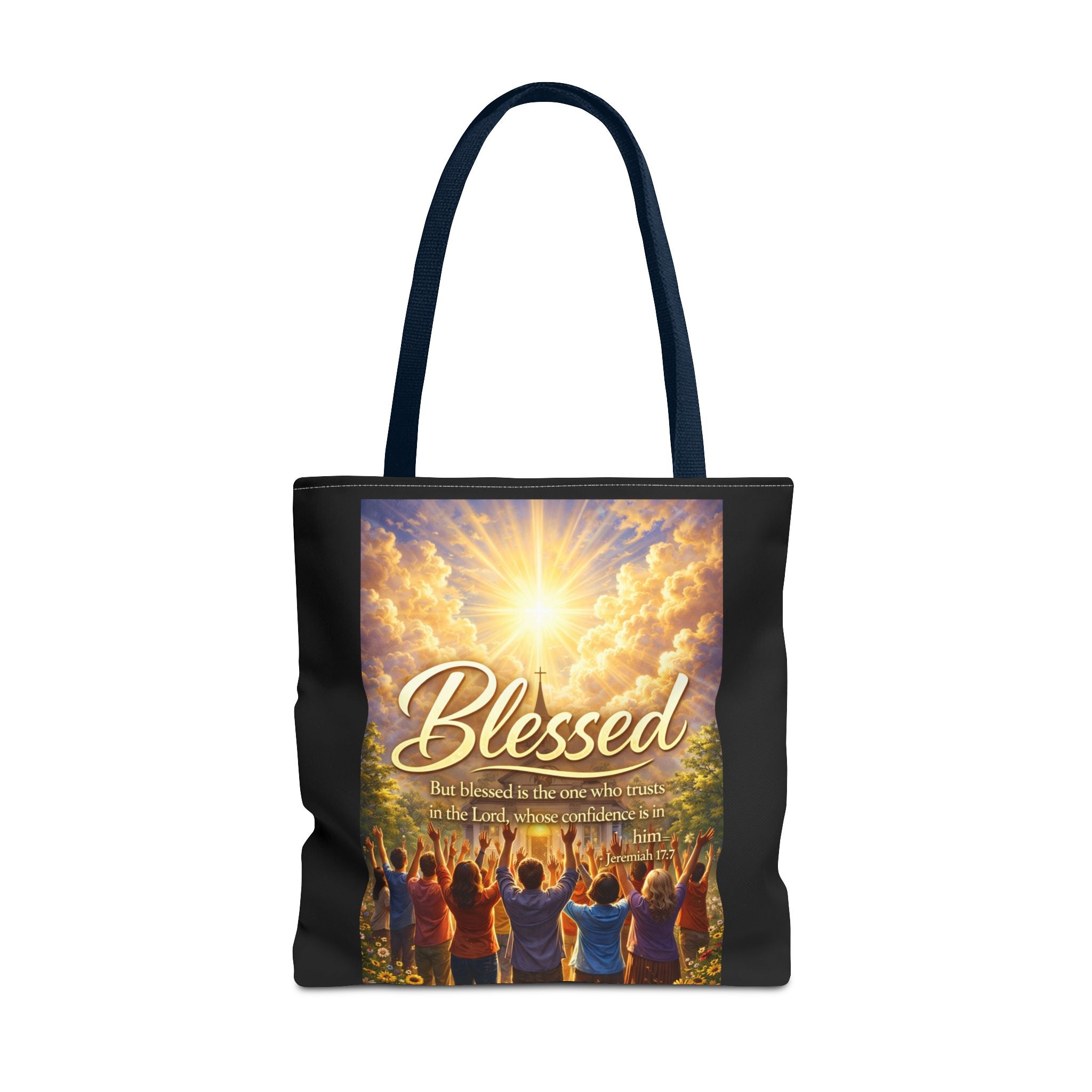Blessed Script Tote Bag | Inspirational Religious Quote, All-Over Print